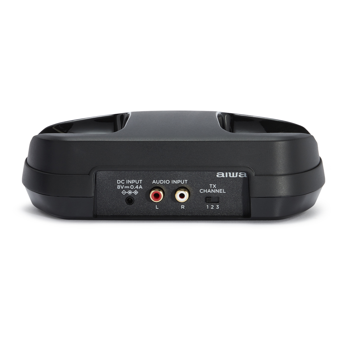 Czarne urządzenie audio Aiwa z portami wejściowymi i przełącznikiem.