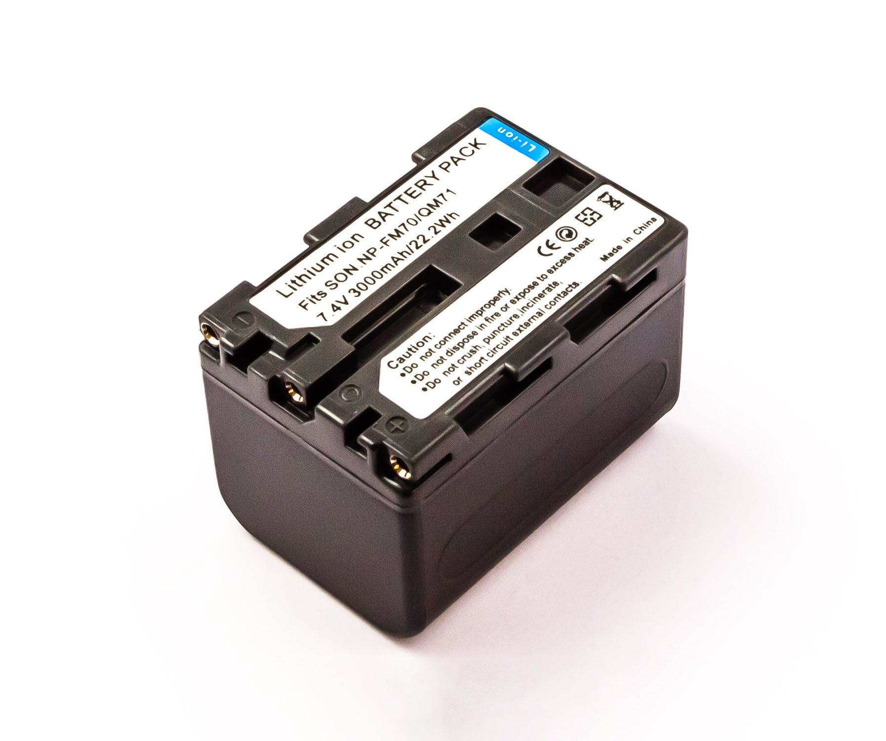 Schwarzes rechteckiges Akku-Pack mit weißen Etiketten und Text.