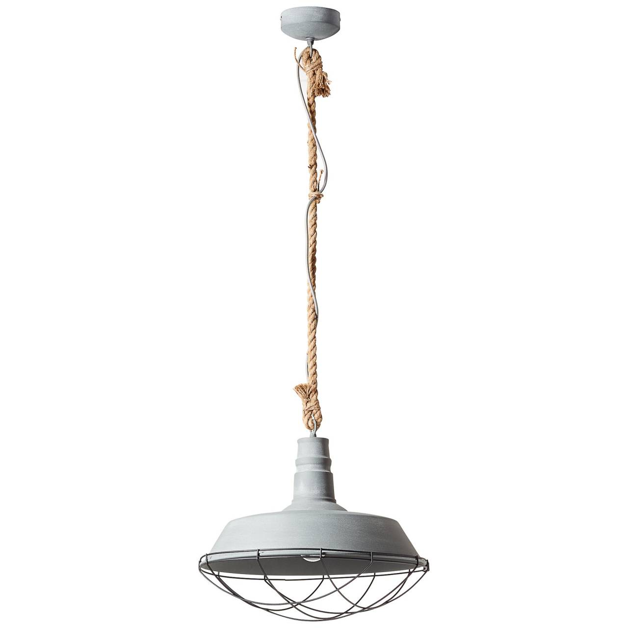 Hängende graue Lampe mit schwarzem Drahtkäfig und Seil. Isoliert auf weißem Hintergrund.