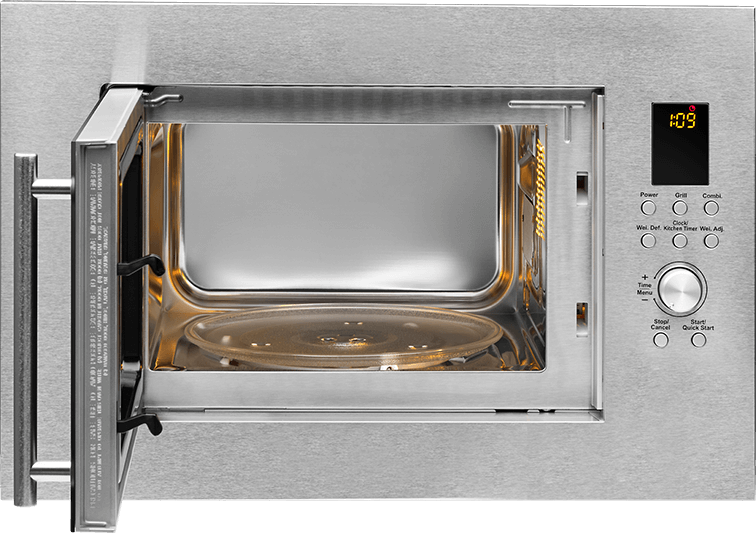 Geöffnete Mikrowelle, Edelstahlaußen, Innenraum mit Glasplatte. Bedienfeld mit Knöpfen und Digitaluhr.