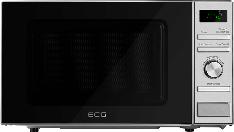 Kuchenka mikrofalowa z czarnymi drzwiami i srebrnymi elementami sterującymi. Wyświetlacz cyfrowy pokazuje 1:42. Marka to ECG.