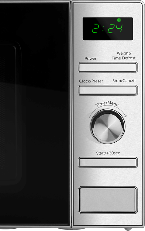 Panel sterowania kuchenki mikrofalowej ze stali nierdzewnej pokazuje 2:24. Obecne są przyciski dla różnych funkcji.