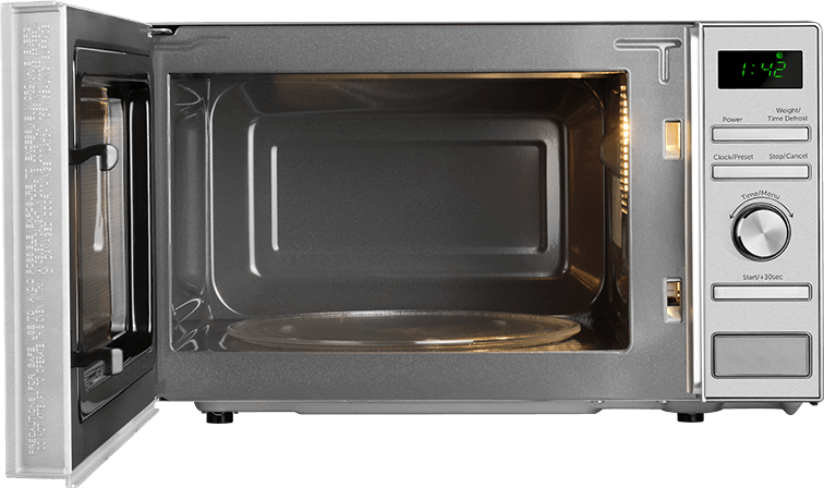 Otwarty wnętrze kuchenki mikrofalowej ze szklanym talerzem, elementami sterowania i zegarem cyfrowym.