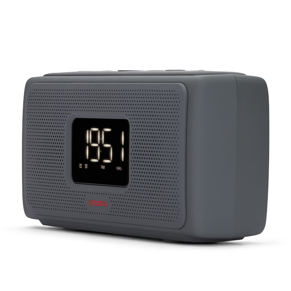 Ein grauer digitaler Wecker mit der angezeigten Uhrzeit. Verfügt über einen Lautsprechergrill und die Marke AIWA.
