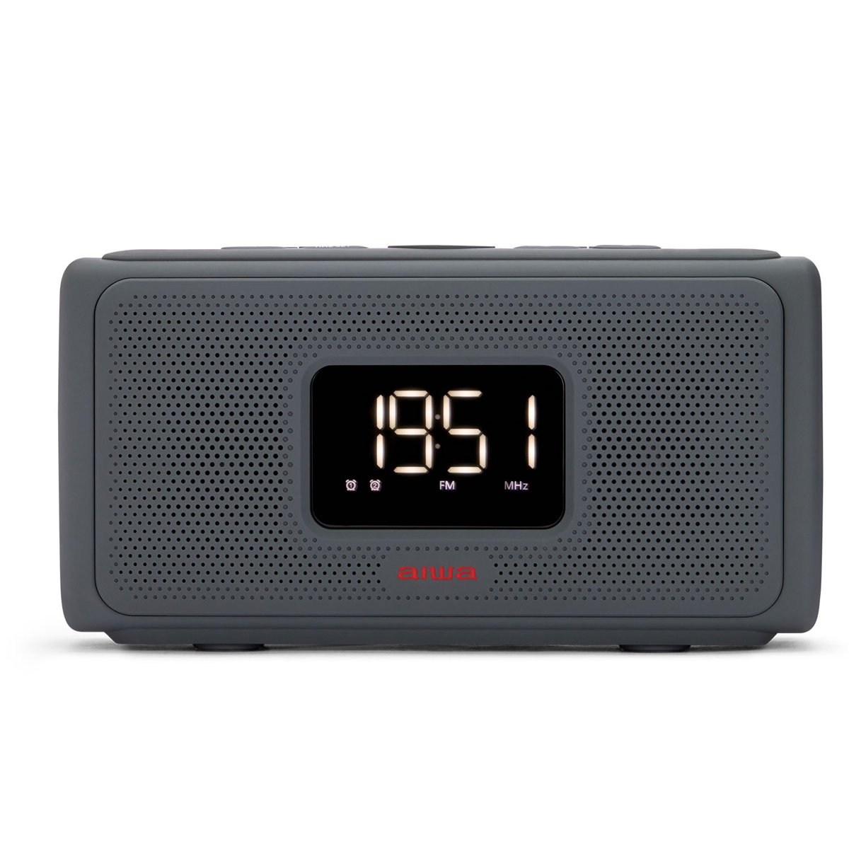 Ein graues Digital-Radiowecker mit großem Digitaldisplay, das 19:51 und FM MHz anzeigt.
