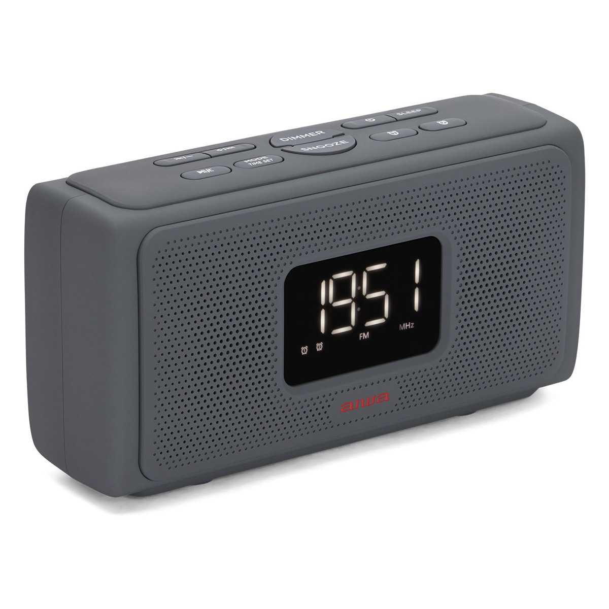 Grauer digitaler Wecker mit rotem 'aiwa'-Logo.