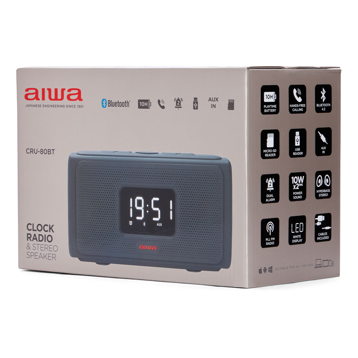 Ein graues AIWA-Radiowecker mit Digitalanzeige und Knöpfen.