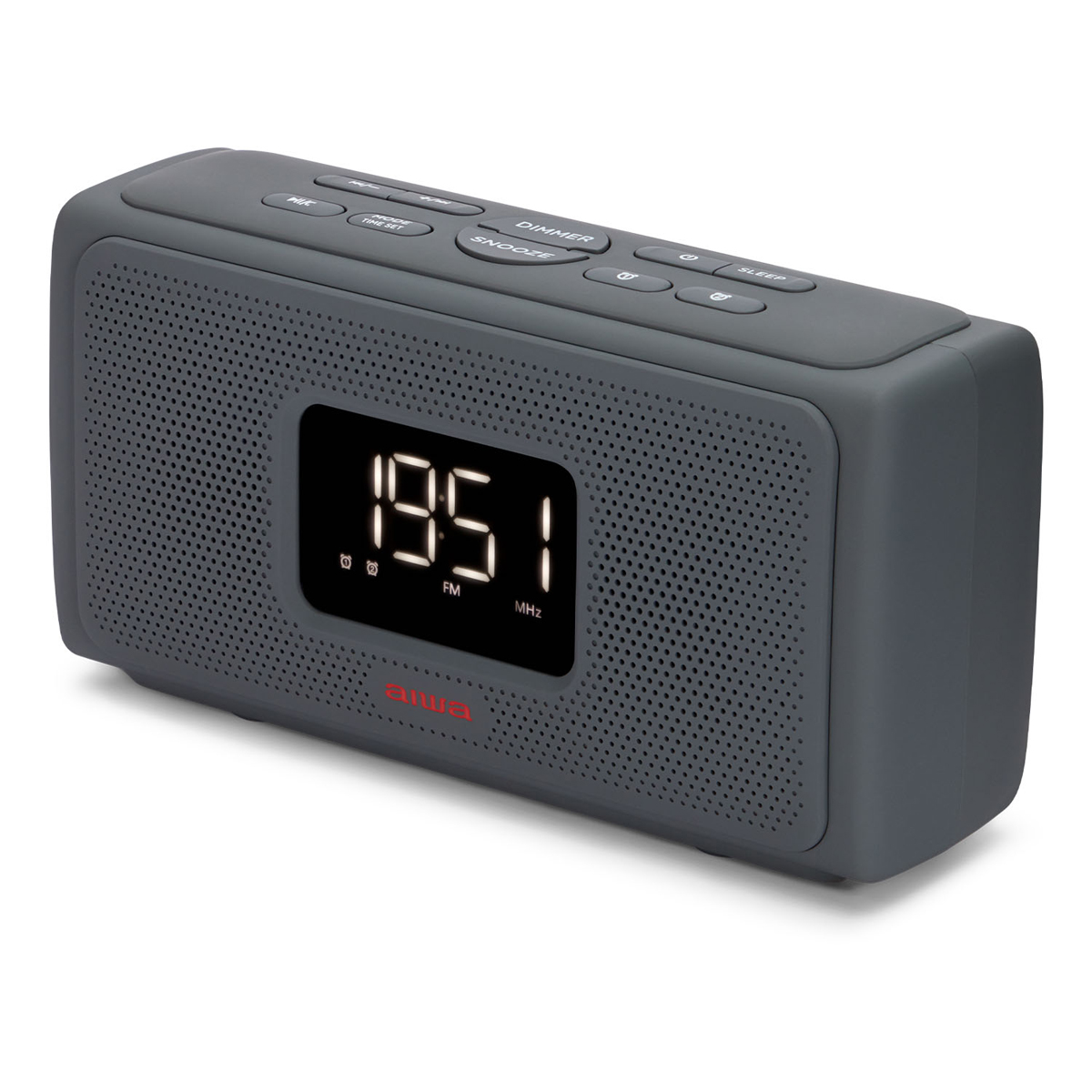 Grauer Radio-Wecker mit Digitalanzeige für die Uhrzeit und Tasten.
