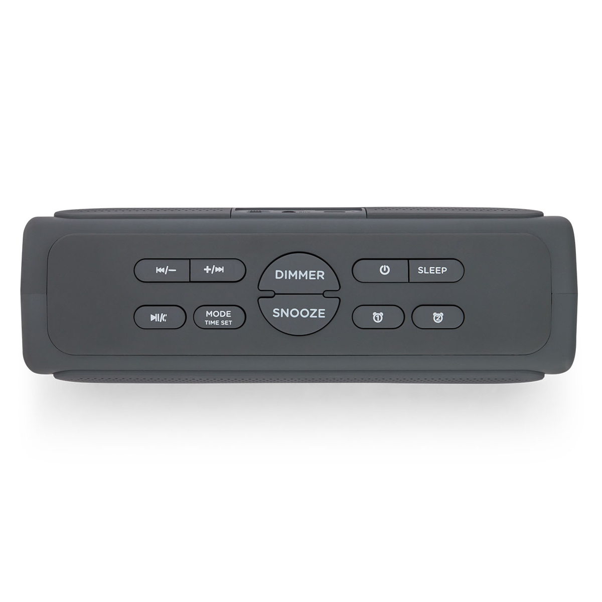 Ein grauer digitaler Wecker mit Tasten für Dimmer, Schlummerfunktion und Zeiteinstellung. Der Bildschirm ist leer.