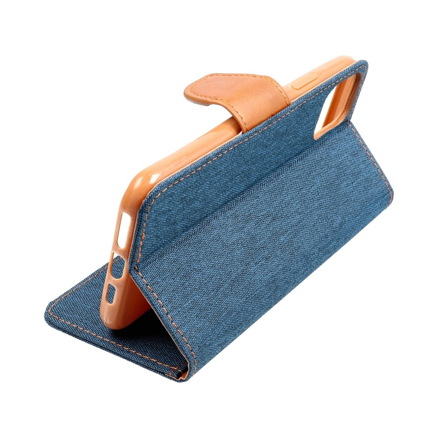 Blaue Jeans-Handyhülle mit Telefon. Brauner lederartiger Riemen oben.