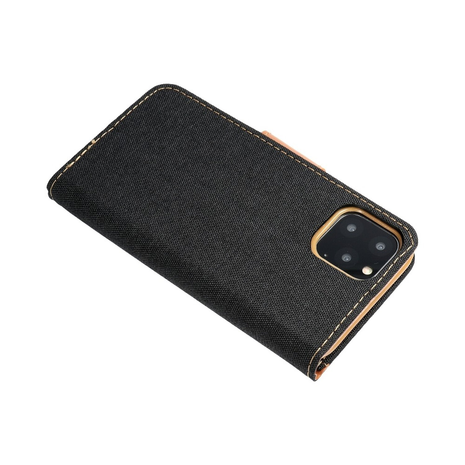 Eine schwarze Handyhülle mit braunem Rand. Das Telefon ist mit seiner Kamera sichtbar.