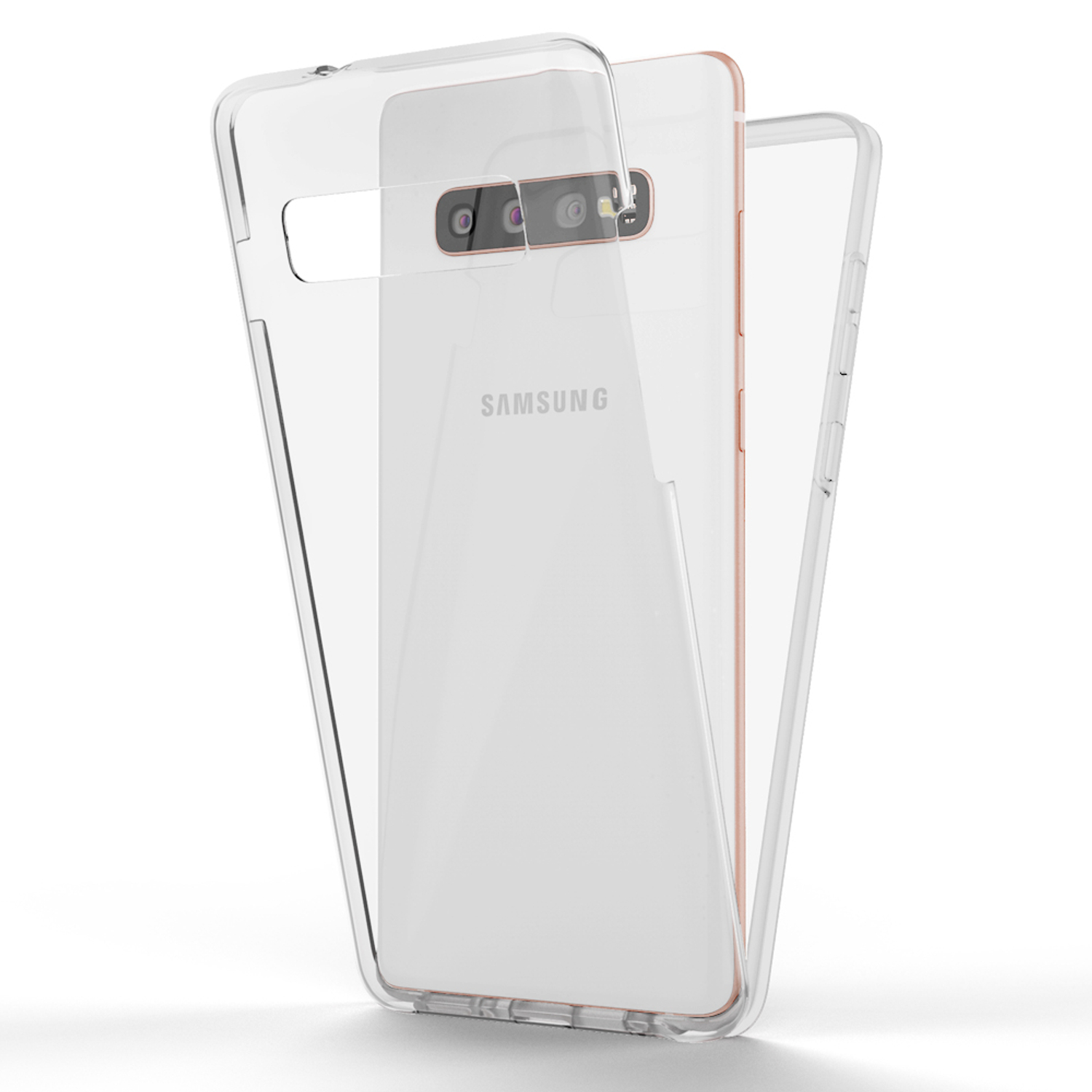 Ein Samsung-Telefon in einer transparenten Hülle. Weißer Hintergrund.