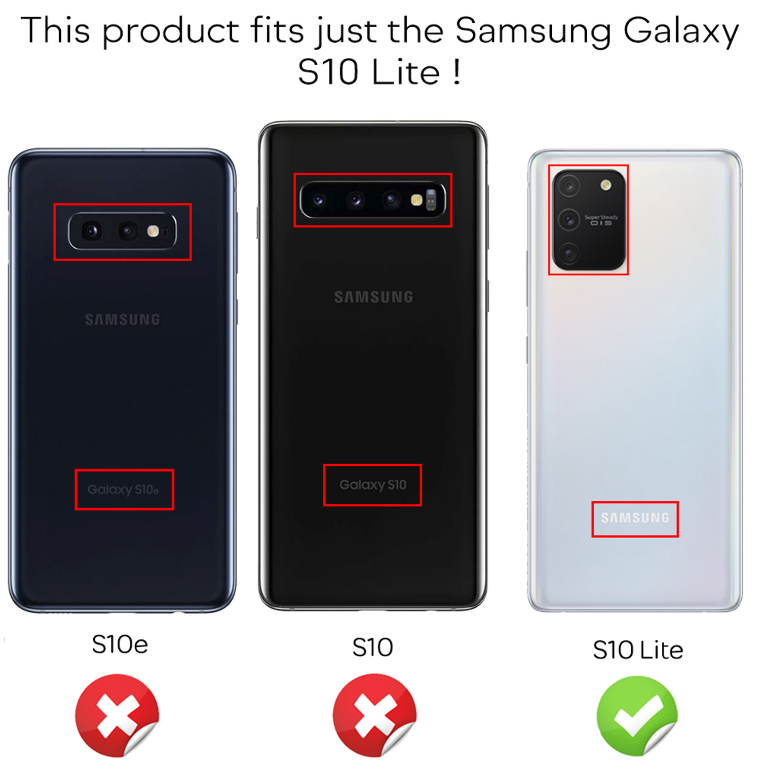 Drei Handys: S10e, S10 (durchgestrichen) und S10 Lite (geprüft). Text besagt Produktkompatibilität.