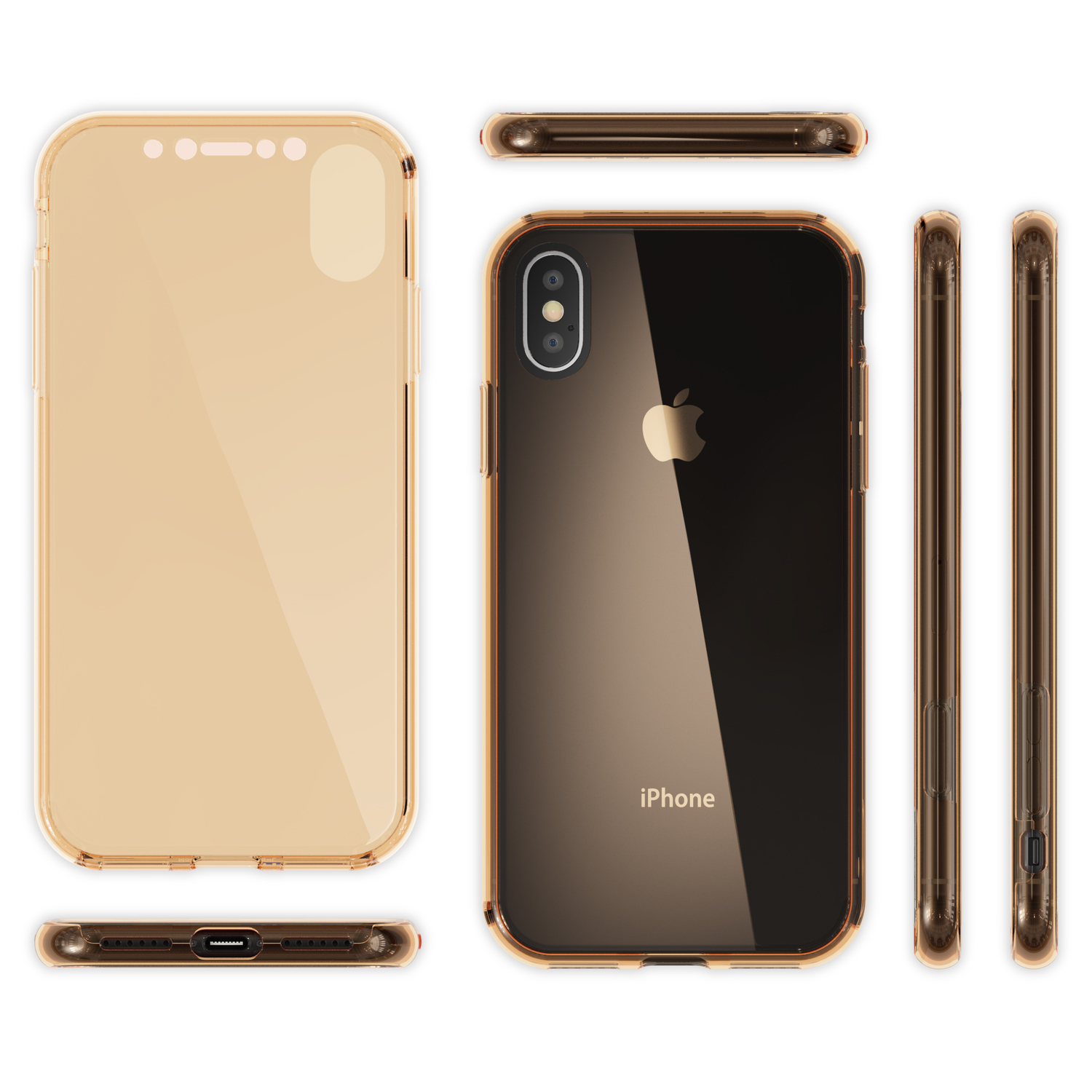 Transparente iPhone-Hülle. Zeigt die Vorder-, Rück- und Seiten des Telefons.