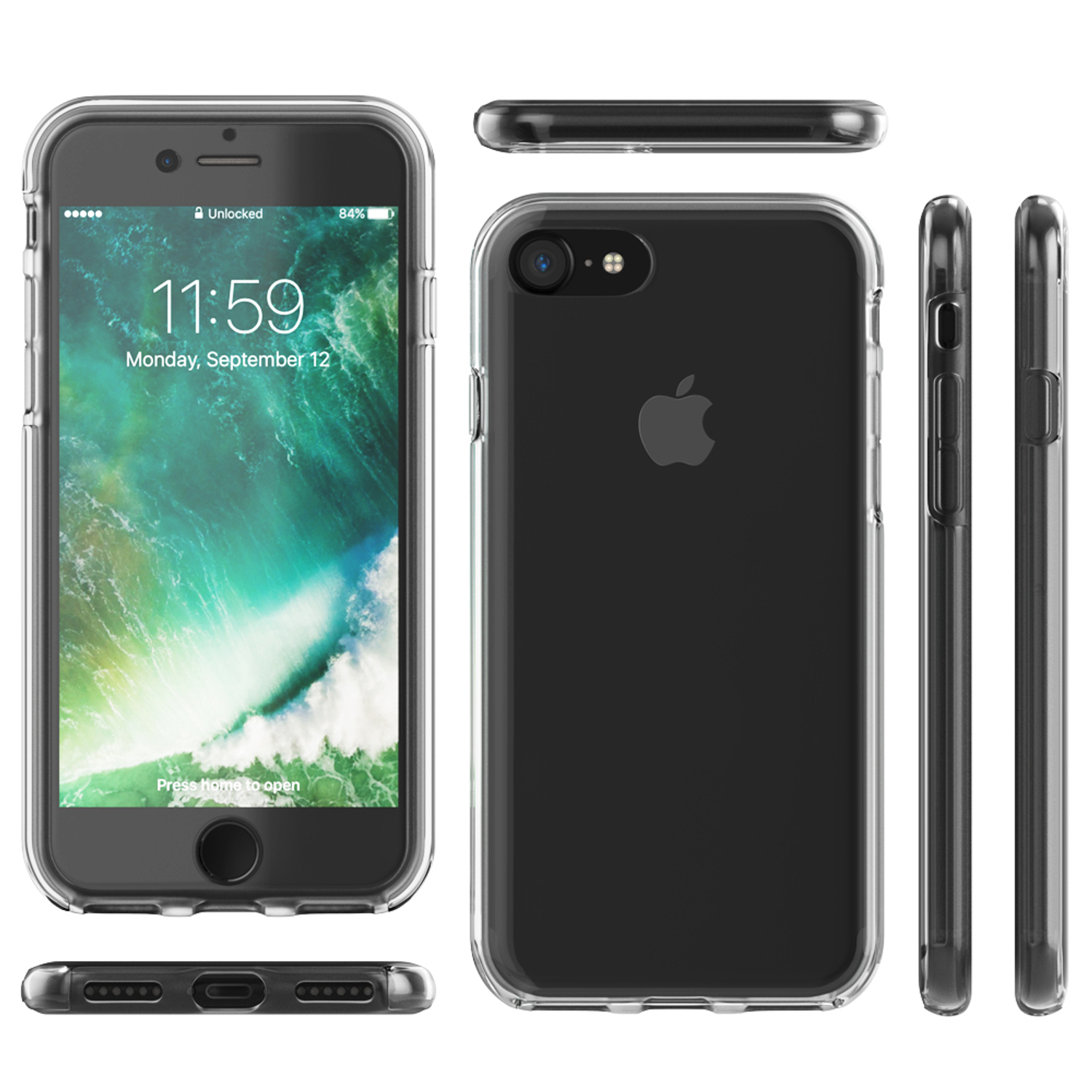 Ein Smartphone in einer transparenten Hülle, das den Bildschirm und die Seiten des Telefons zeigt.