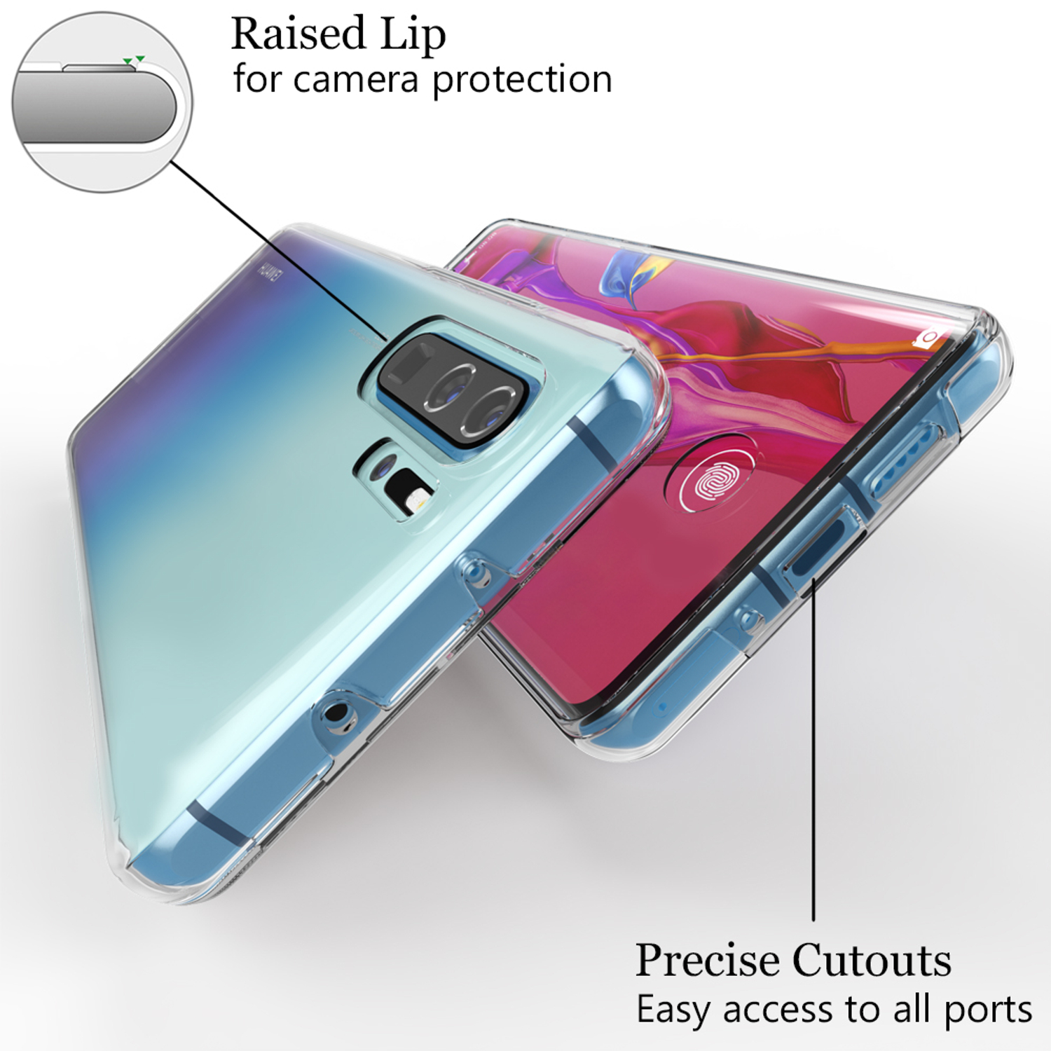 Transparente Handyhülle mit blau-lila Farbverlauf-Telefon. Text: Erhöhte Lippe, Präzise Ausschnitte.