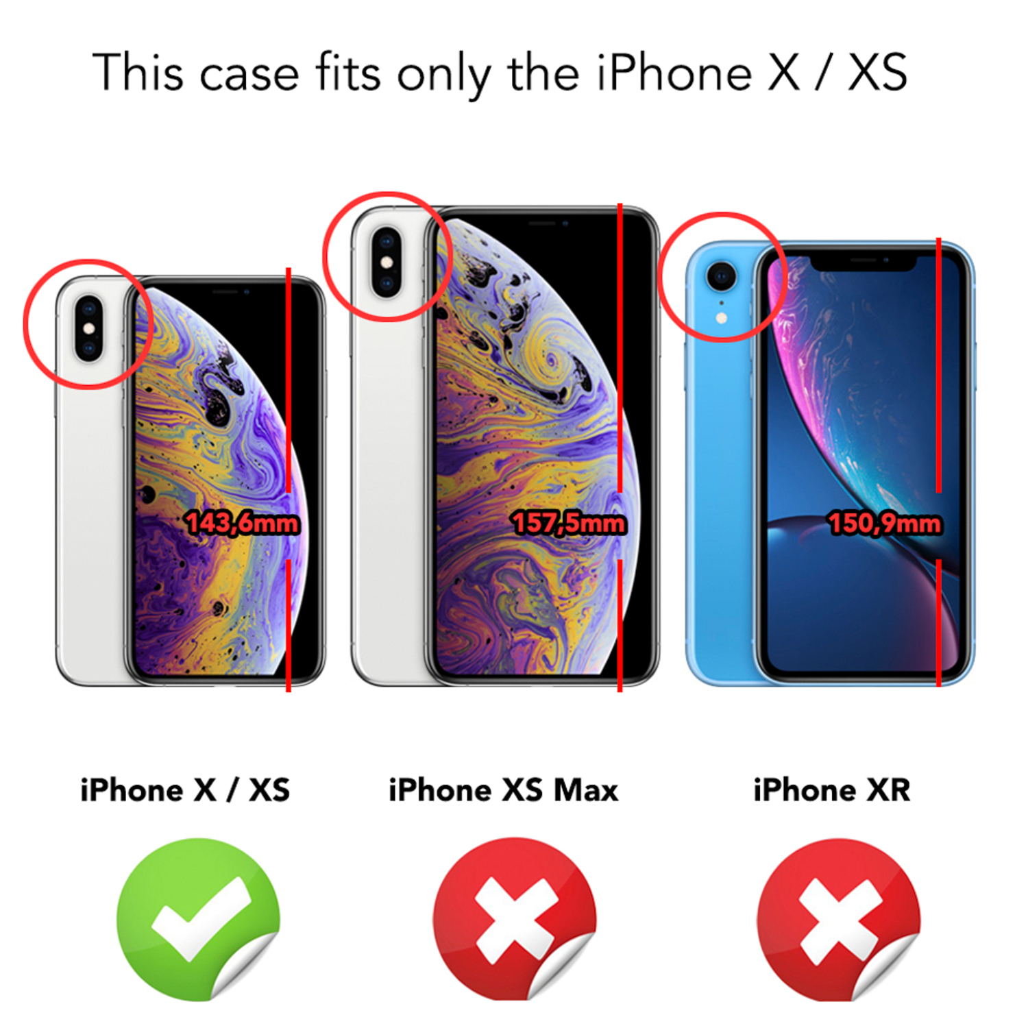 Vergleich von iPhone-Modellen, zeigt, dass die Hülle für iPhone X/XS passt, aber nicht für XS Max oder XR.