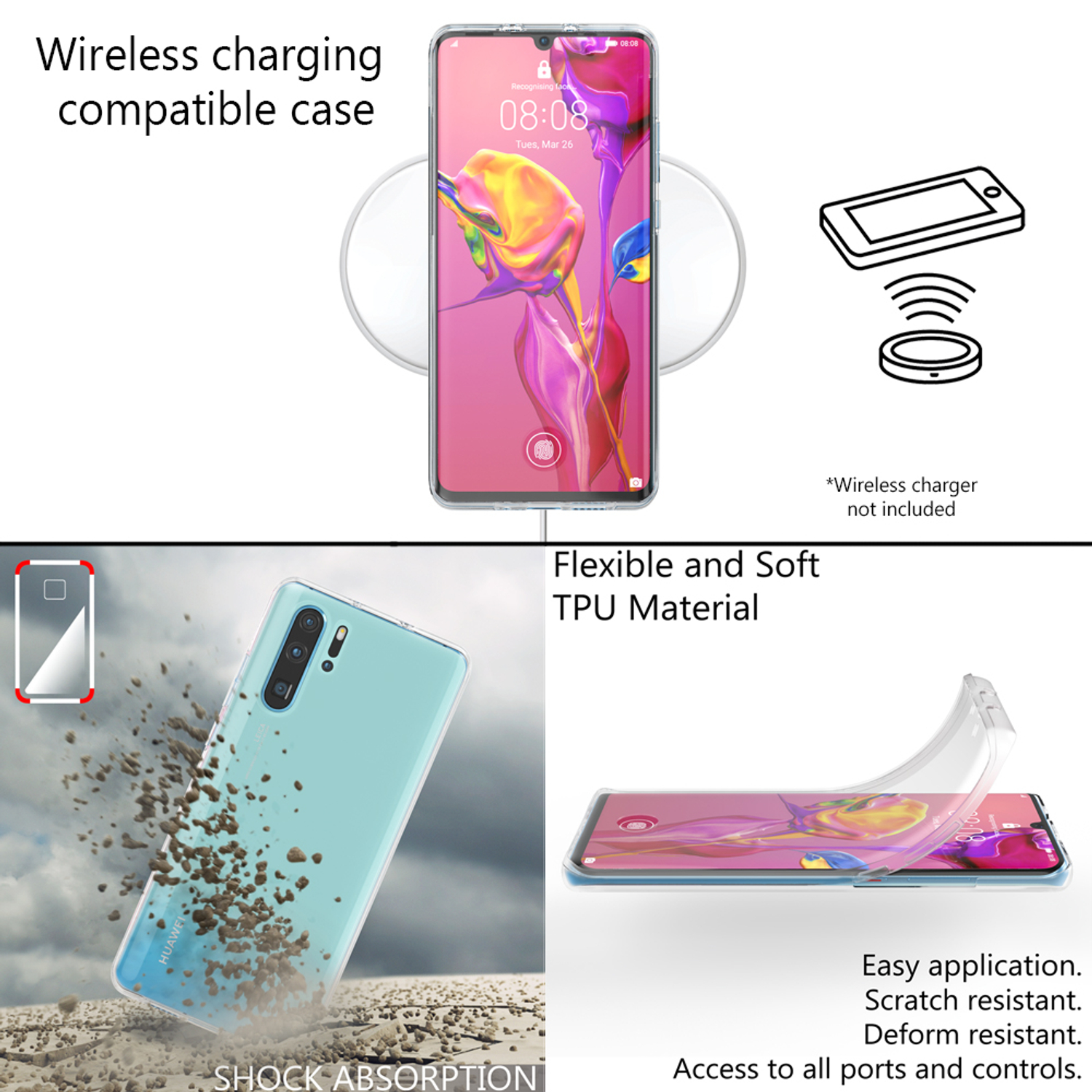 Una custodia per telefono con un telefono, un caricabatterie wireless e un grafico di assorbimento degli urti.