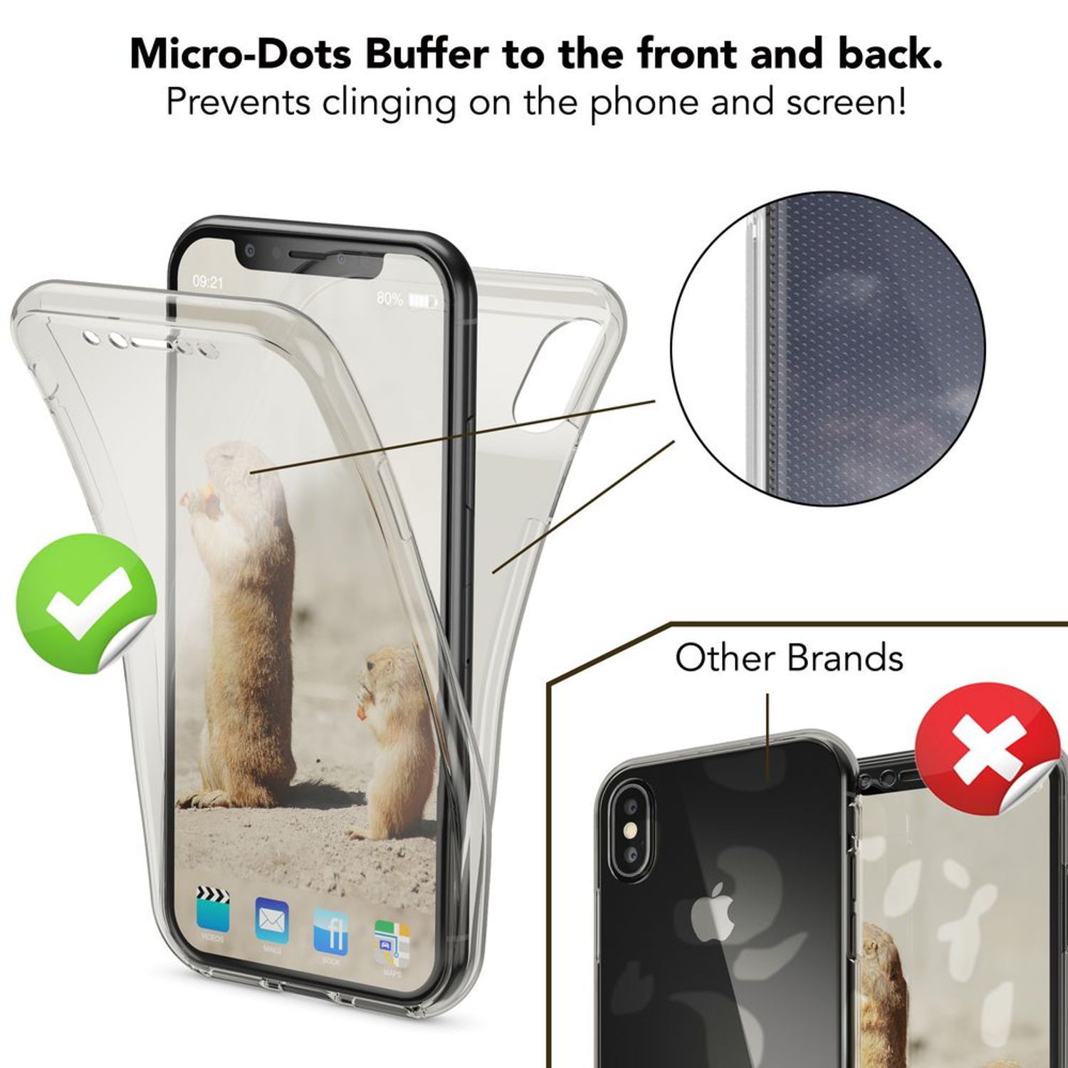 Telefon in klarer Hülle mit Tiergrafik. Nahaufnahme zeigt Punkte.