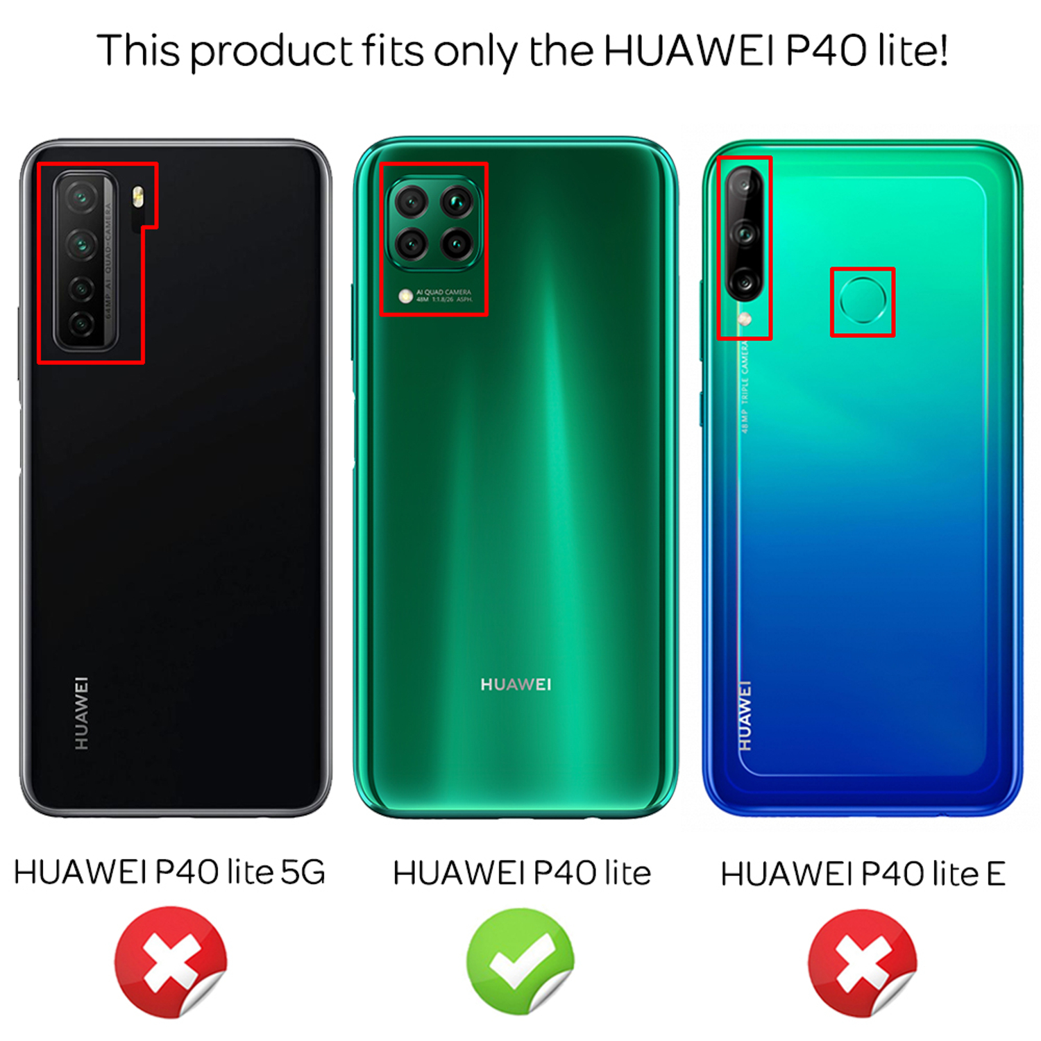 Drei Huawei-Telefone, grün und schwarz, das grüne ist das kompatible Modell (Huawei P40 lite).