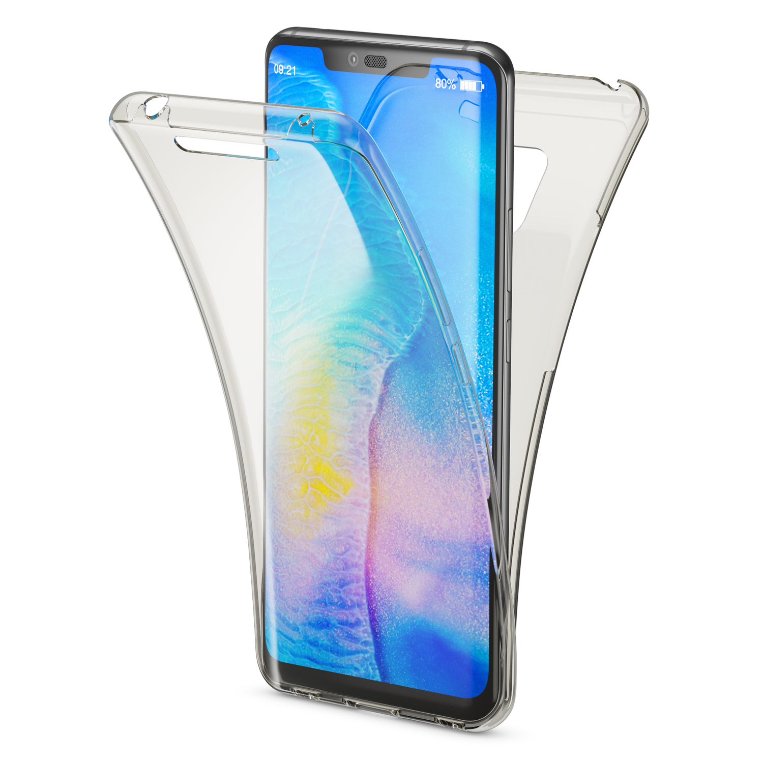 Transparente Handyhülle geöffnet, zeigt ein Telefon mit blauem Bildschirm und Uhrzeit und Batterie.