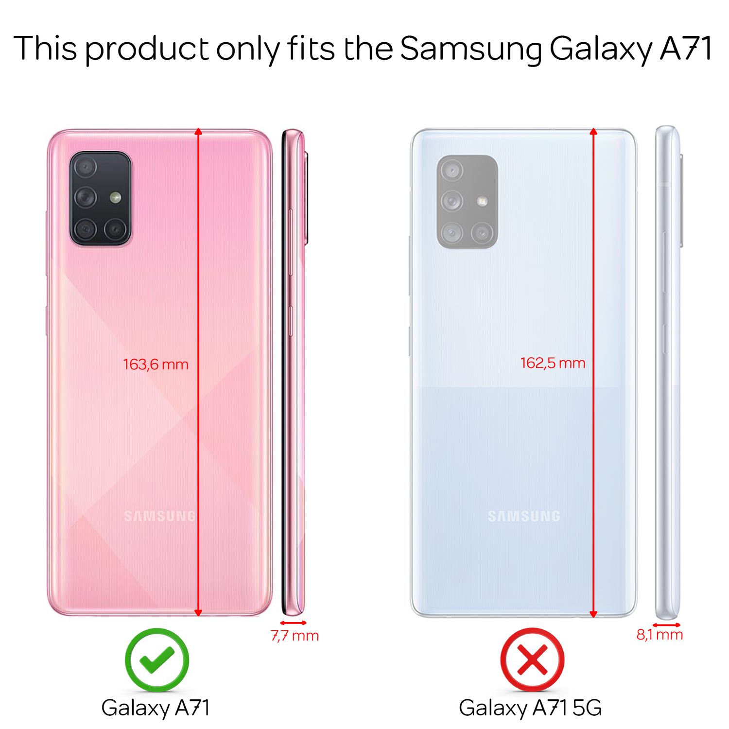 Zwei Telefone, rosa und weiß, mit Abmessungen. Rosa ist A71, weiß ist A71 5G. Grüner Haken und rotes X.