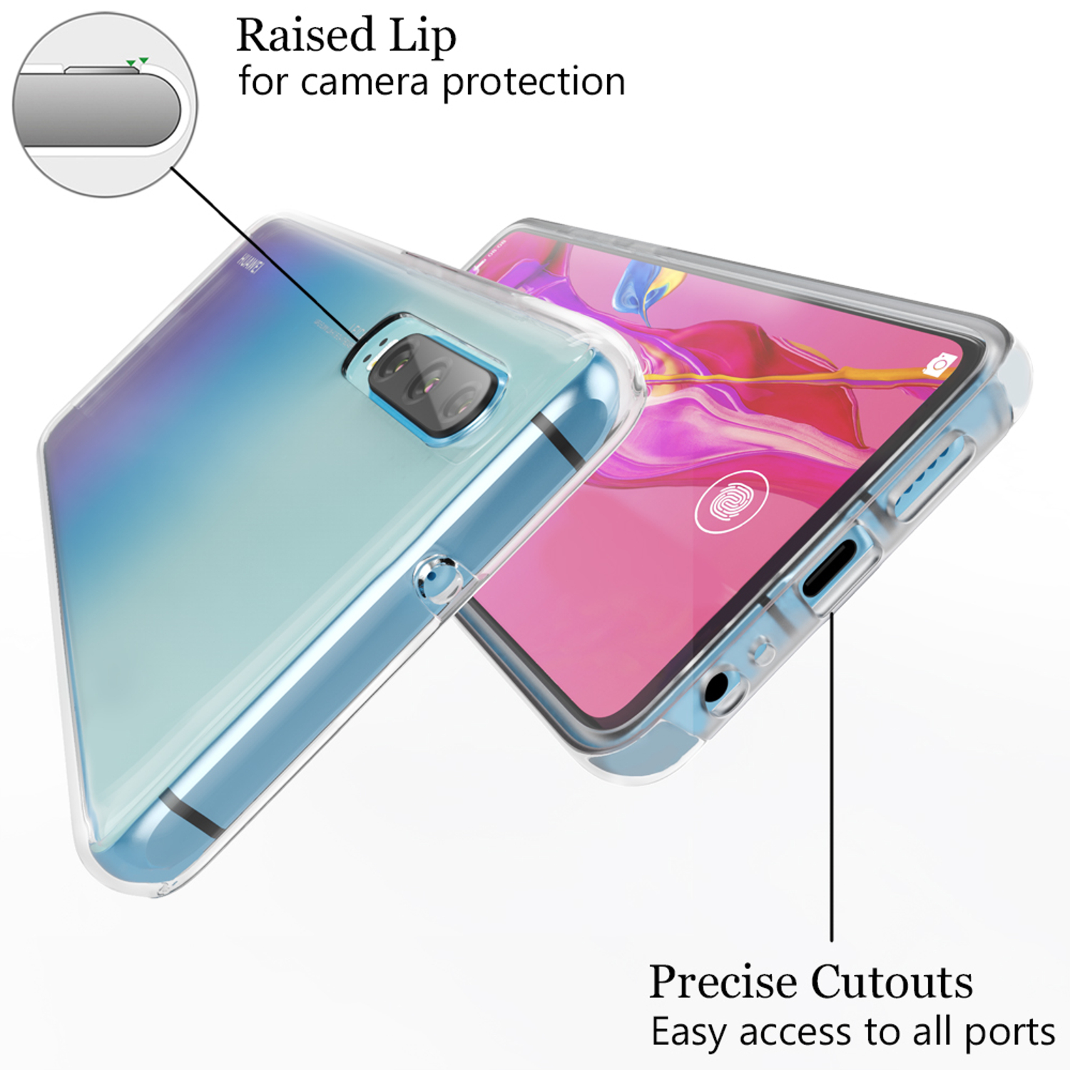 Transparente Handyhülle mit Telefon, die eine erhöhte Lippe zum Schutz der Kamera hervorhebt.