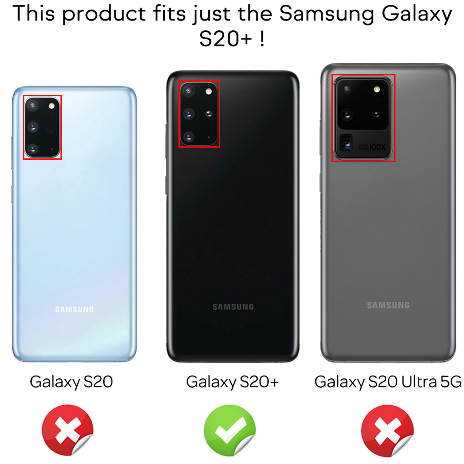 Drei Samsung Galaxy-Telefone. Galaxy S20, S20+ und S20 Ultra 5G. S20+ kompatibel.