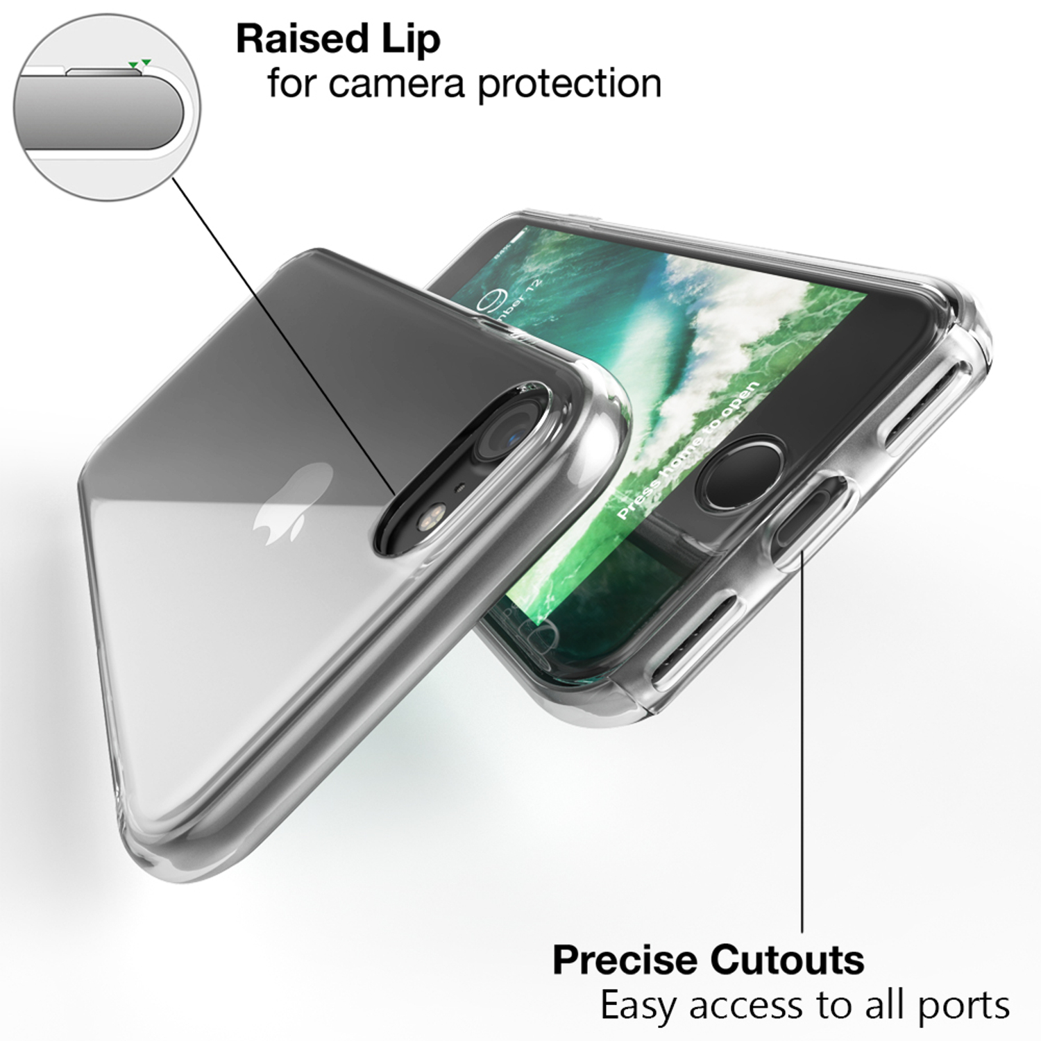 Transparente Handyhülle mit Telefon darin, auf weißem Hintergrund.