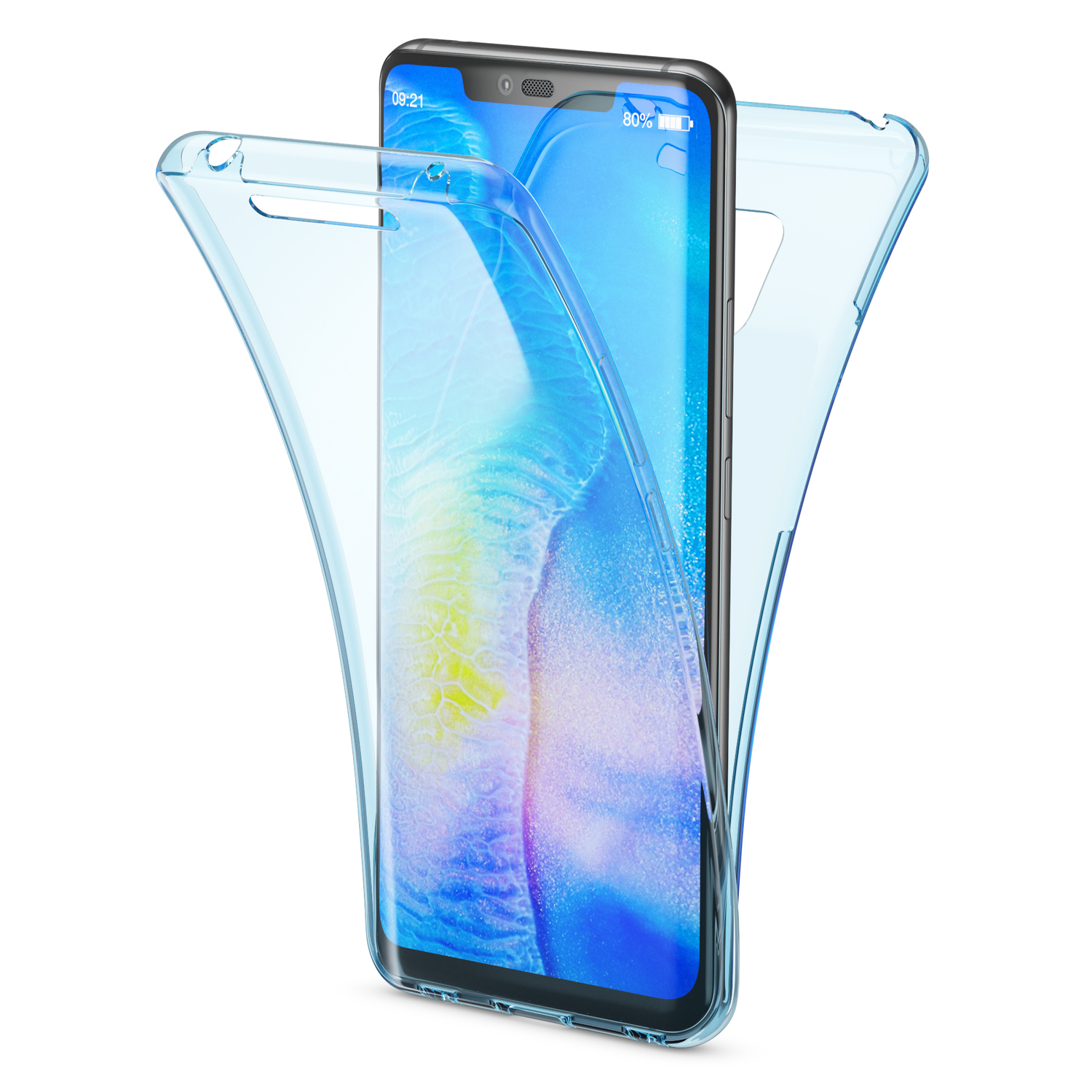 Transparente blaue Handyhülle auf einem Handy. Das Handy hat einen blauen Hintergrund und zeigt Apps.