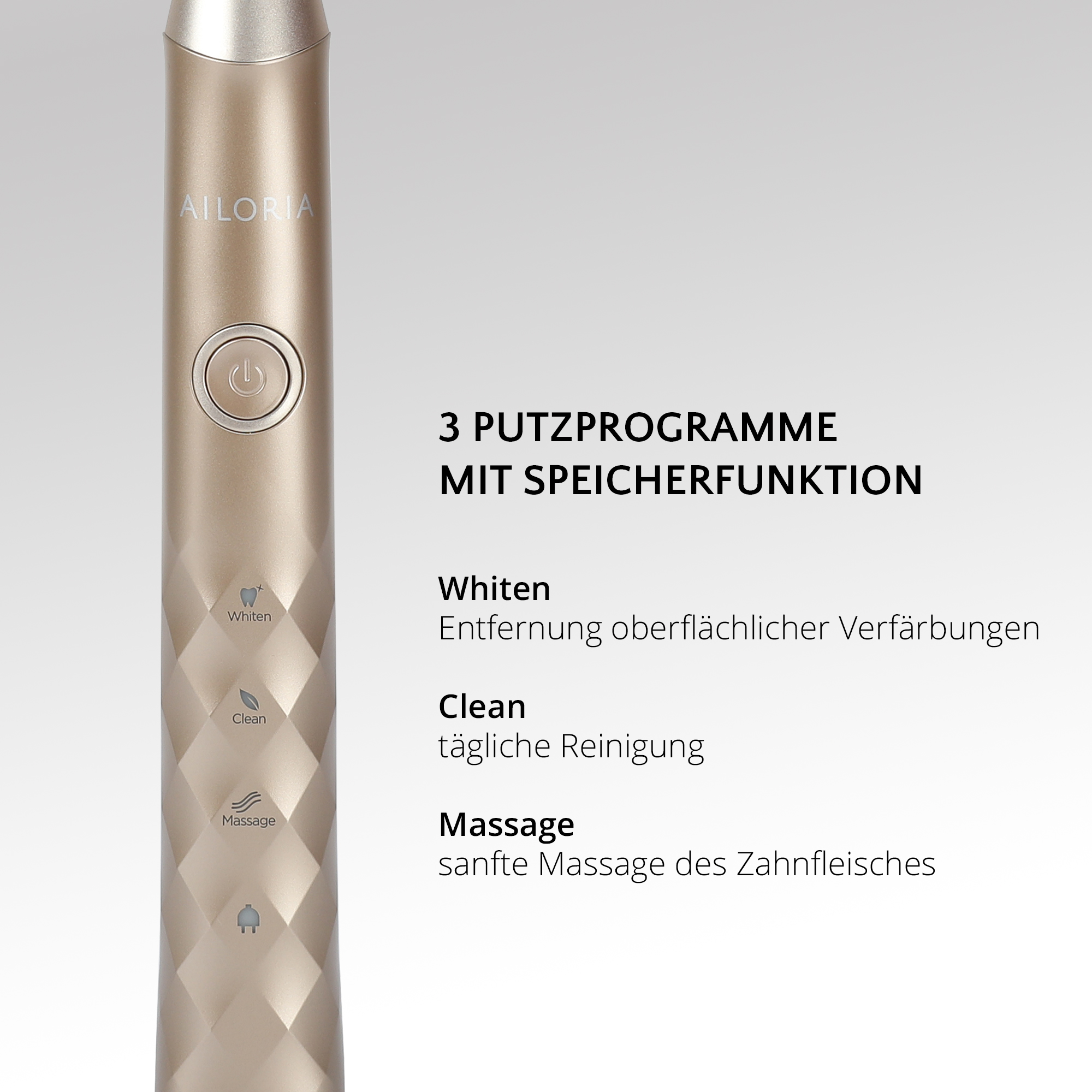 Goldene elektrische Zahnbürste mit Text zu Reinigungsmodi.