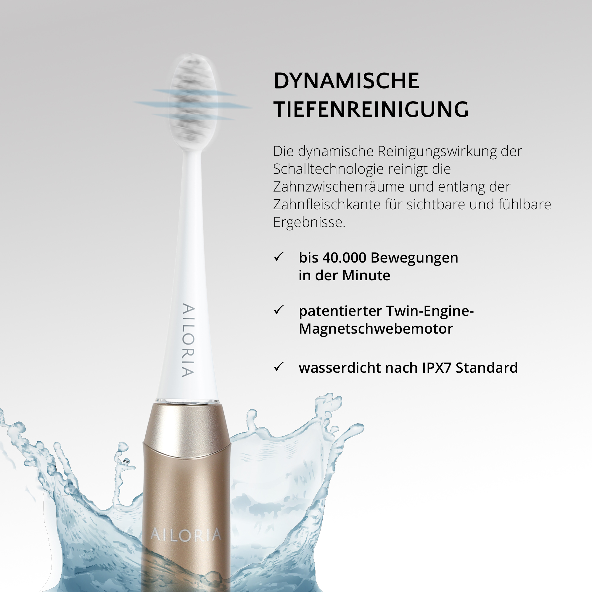 Weiße und goldene elektrische Zahnbürste mit deutschem Text. Wasser spritzt um die Zahnbürste herum.