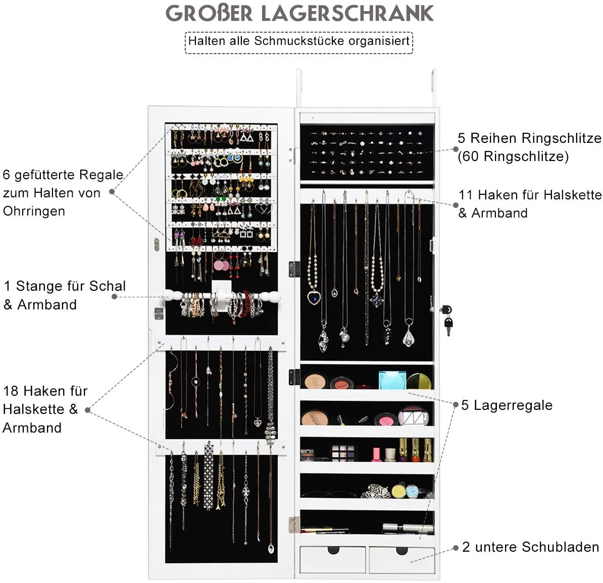 Schmuckschrank mit Fächern, Haken und Ablagen zur Schmuckorganisation.