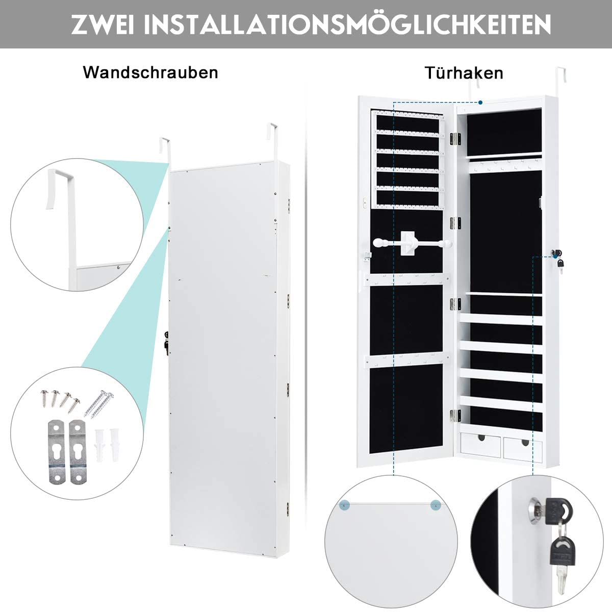 Weißer Schmuckschrank mit offenen und geschlossenen Türen, Haken und Regalen.