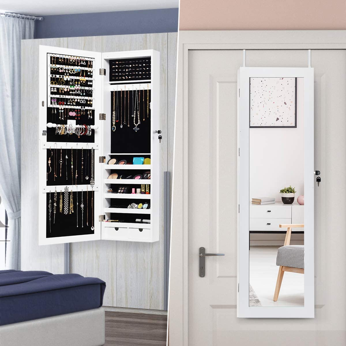 Weißer Schmuckschrank, türbefestigt, mit Spiegel. Innenraum zeigt Schmuck und Regale zur Organisation.
