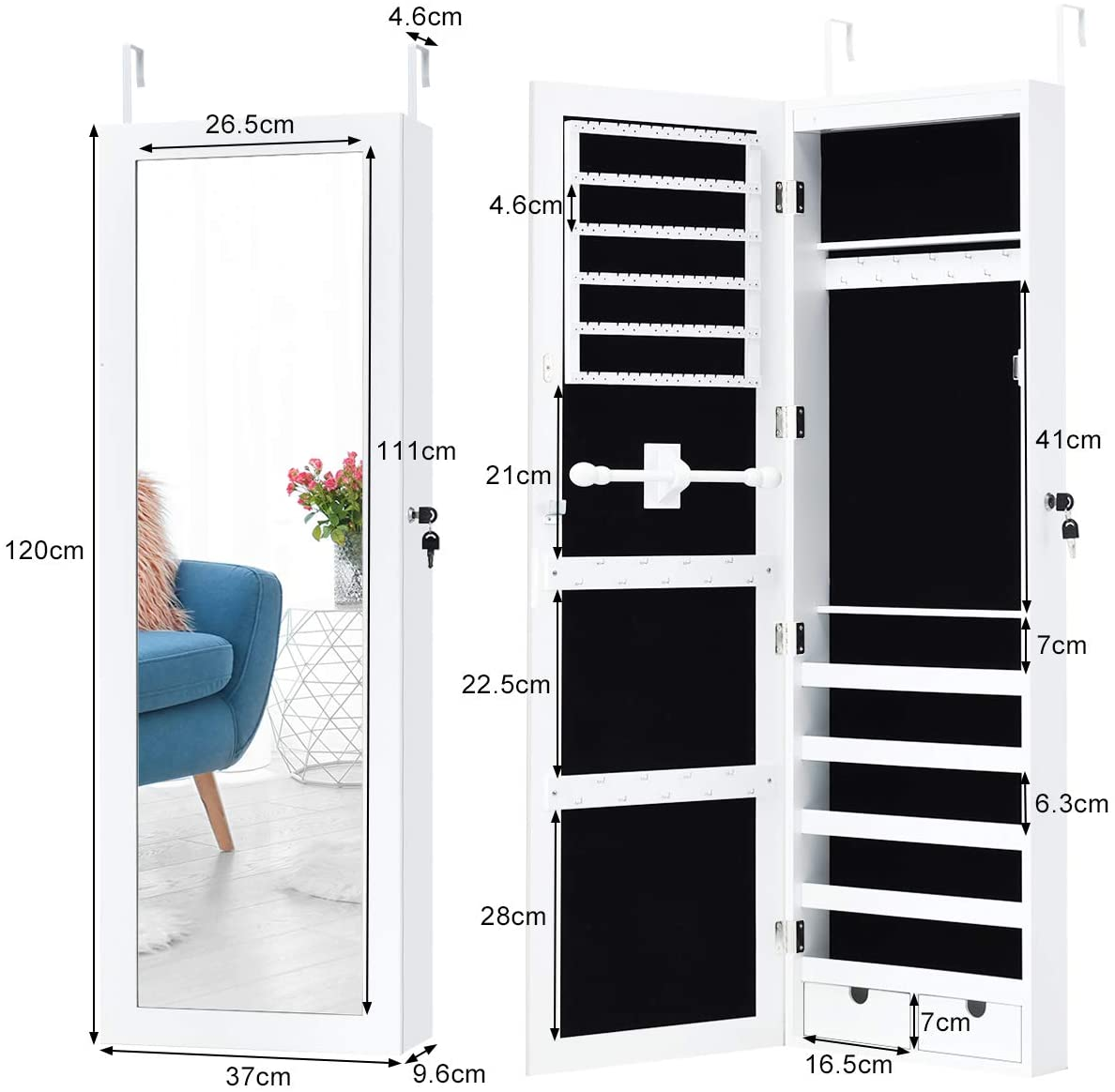Ein weißer Schmuckschrank mit Ganzkörperspiegel. Innenaufbewahrung mit angezeigten Abmessungen.