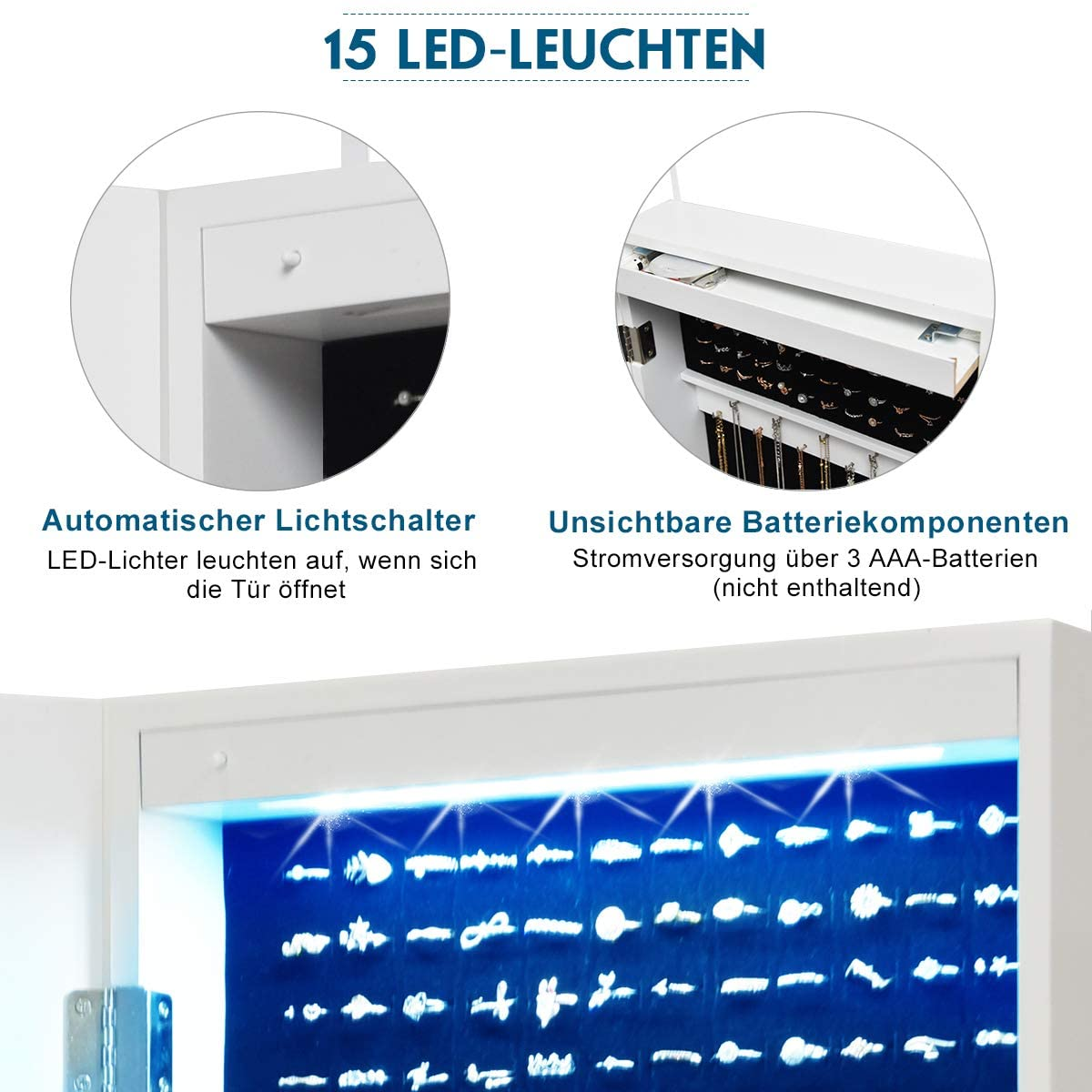 Weißer Schmuckschrank, offen, mit LED-Leuchten und Schmuck. Zwei kreisförmige Nahaufnahmen zeigen Details.