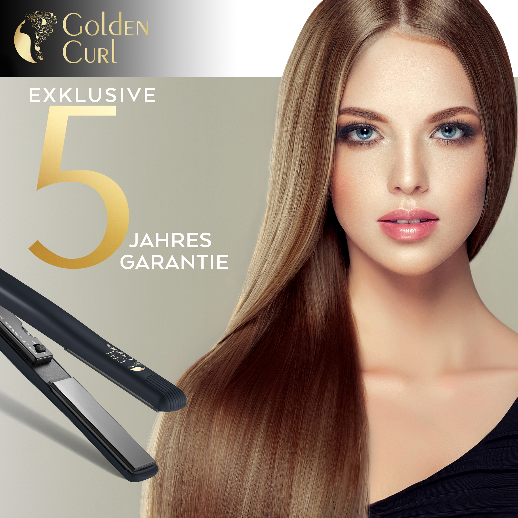 Frau mit Glätteisen. Text lautet 'Golden Curl' und '5 Jahre Garantie'.