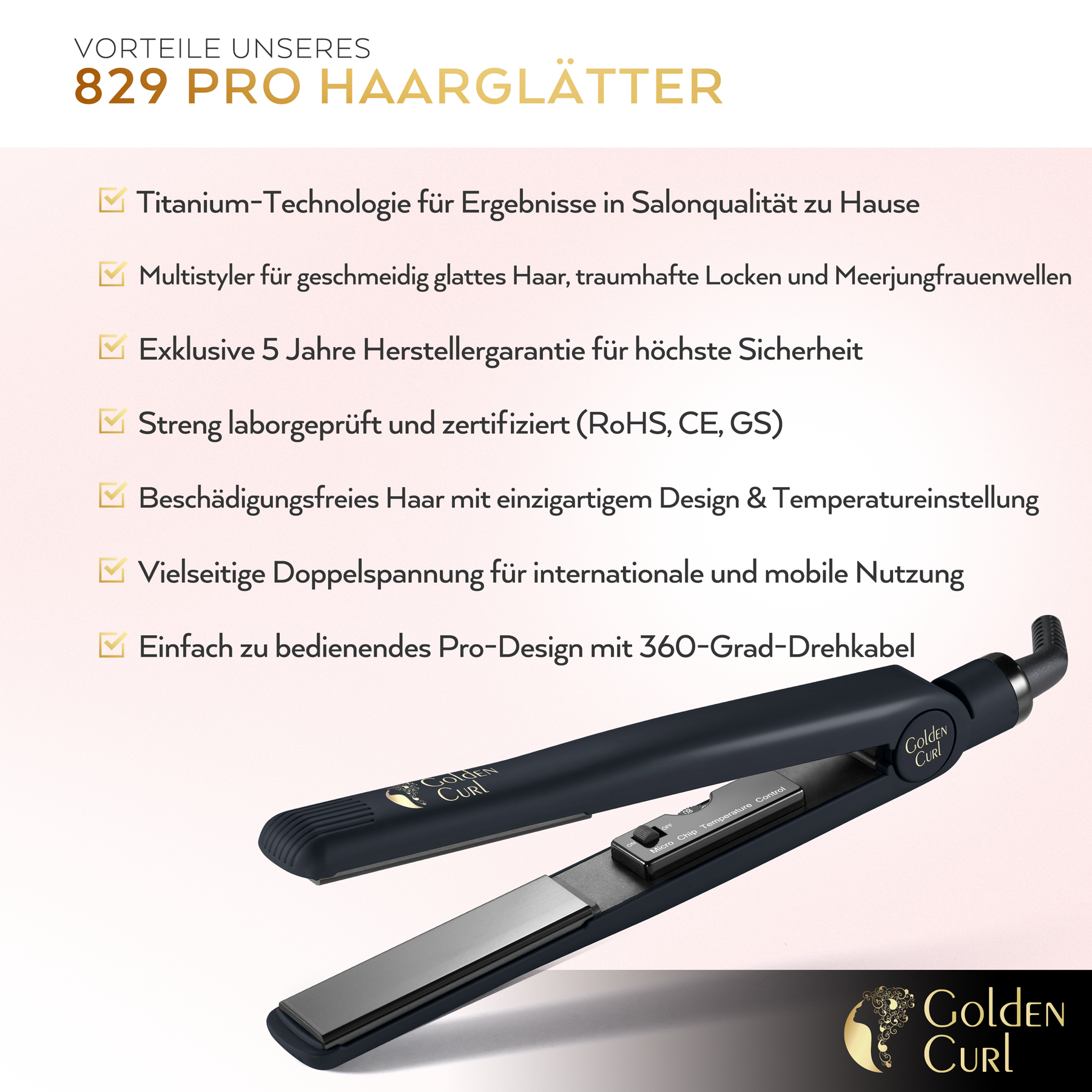 Ein schwarzes Glätteisen mit Text, der seine Eigenschaften beschreibt.