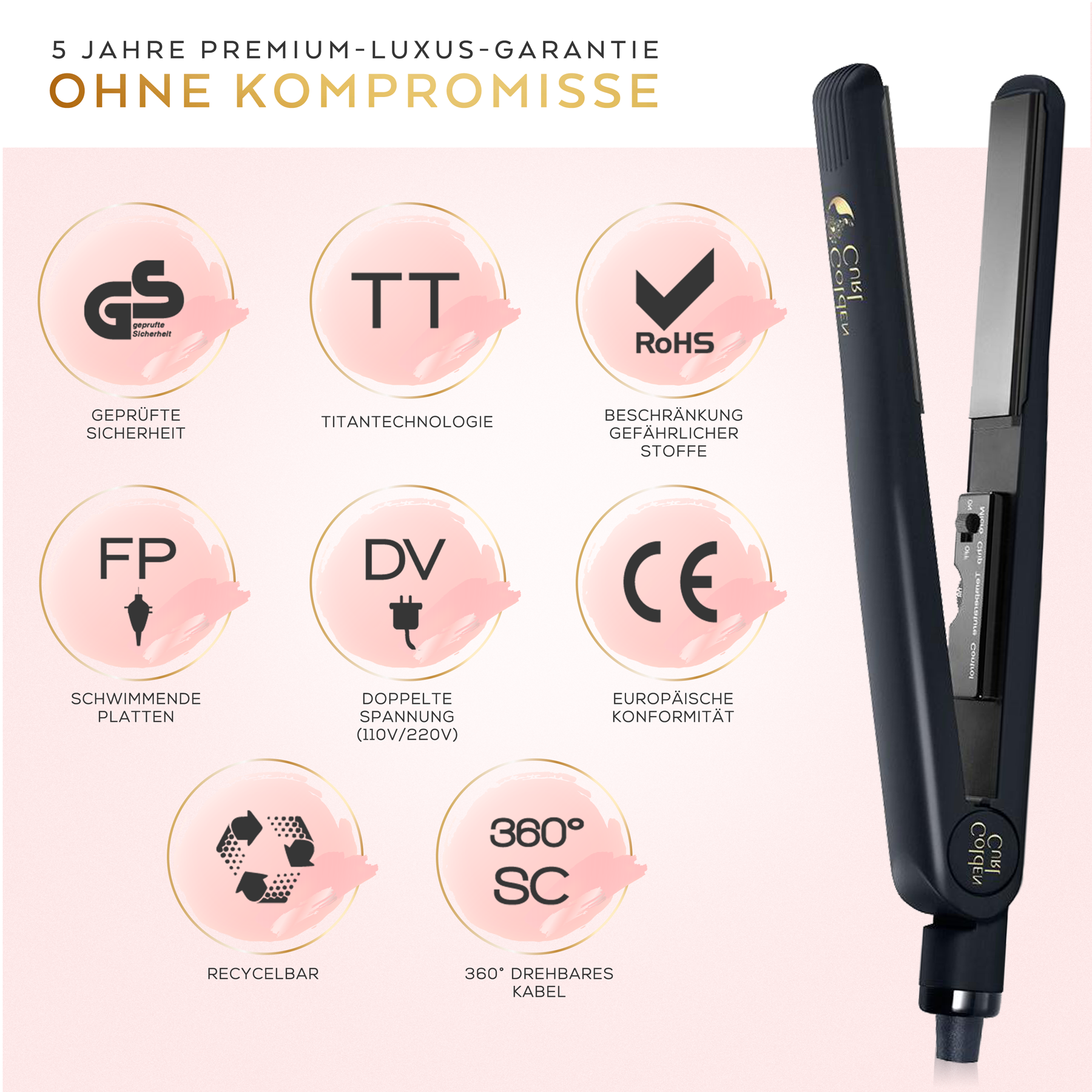 Schwarzer Haarglätter mit silbernen Platten und Produktdetailsymbolen. Rosa Hintergrund mit Text.