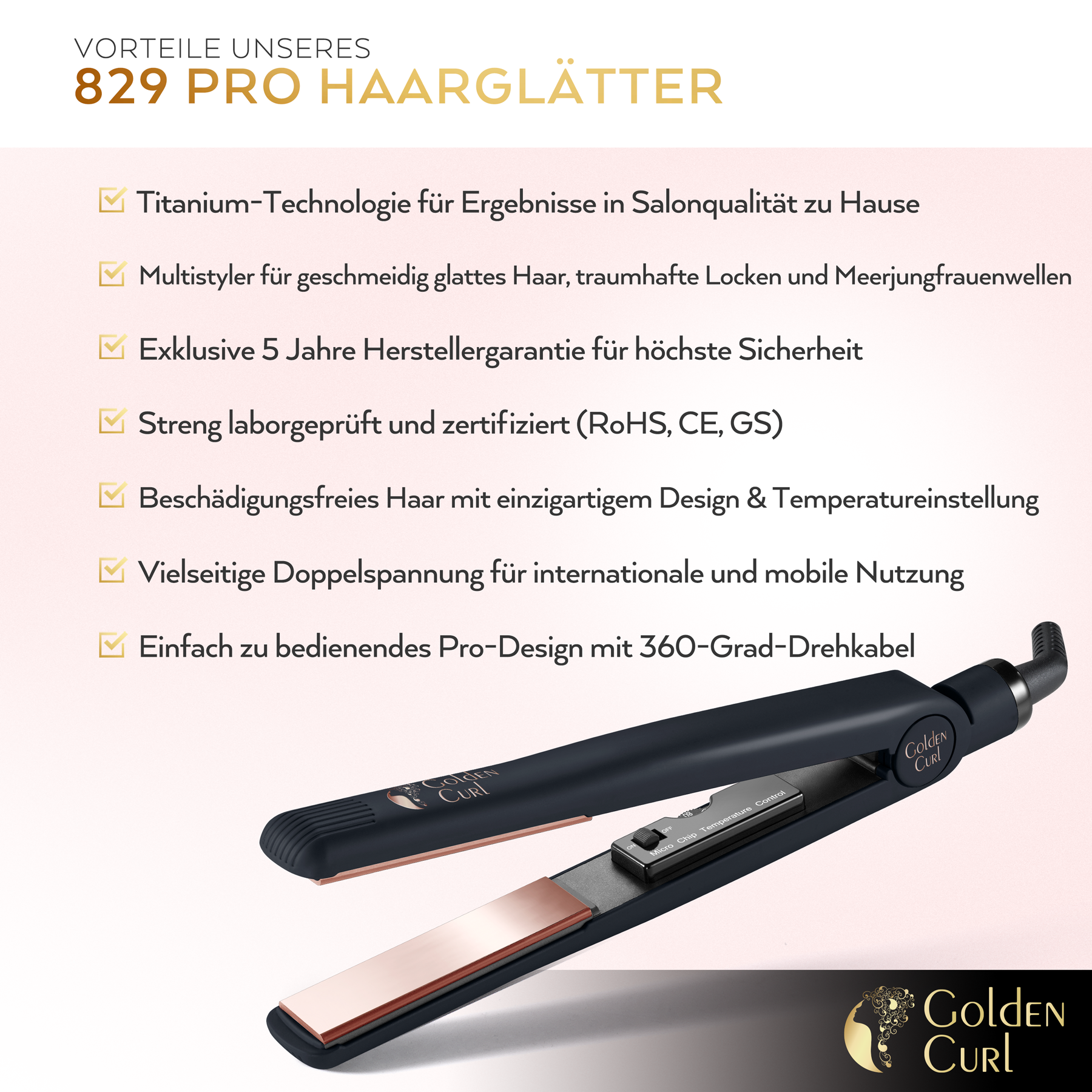 Haarglätter mit roségoldenen Platten. Schwarzer Griff mit Bedienelementen. Produktmerkmale mit Häkchen aufgelistet.