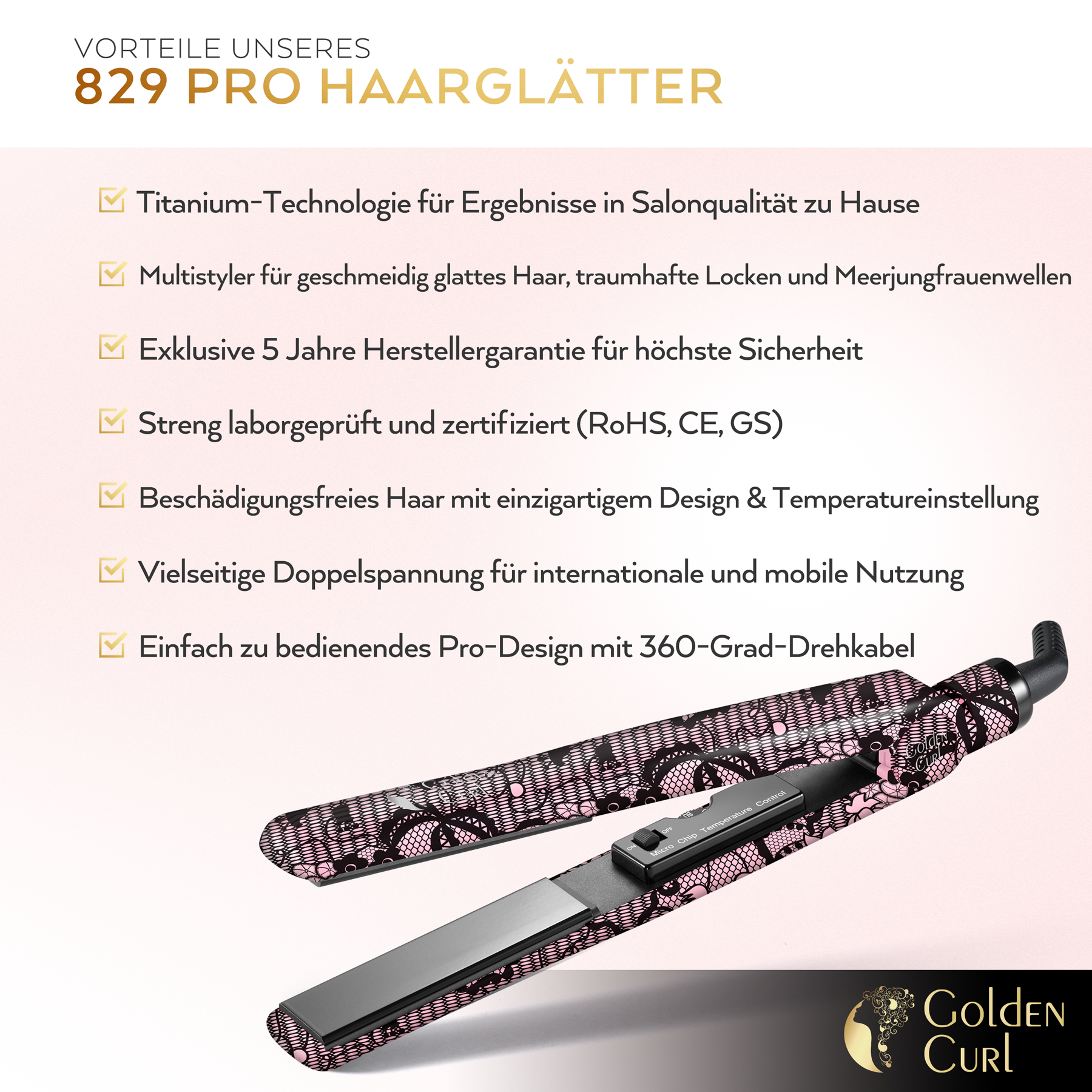 Haarglätter mit rosa Spitzendesign. Text auf Deutsch beschreibt Funktionen.