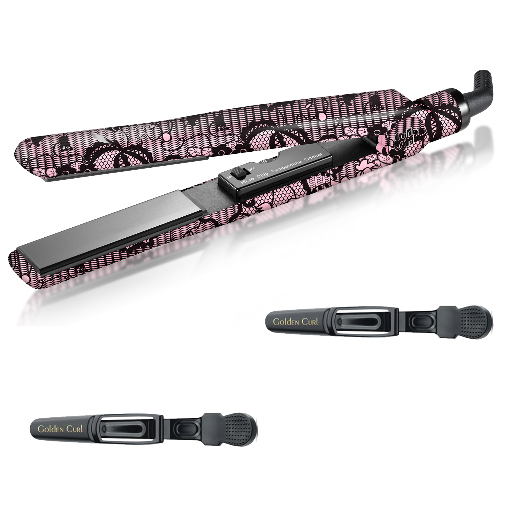 Ein schwarz-rosa gemusterter Haarglätter und zwei schwarze Haarspangen.