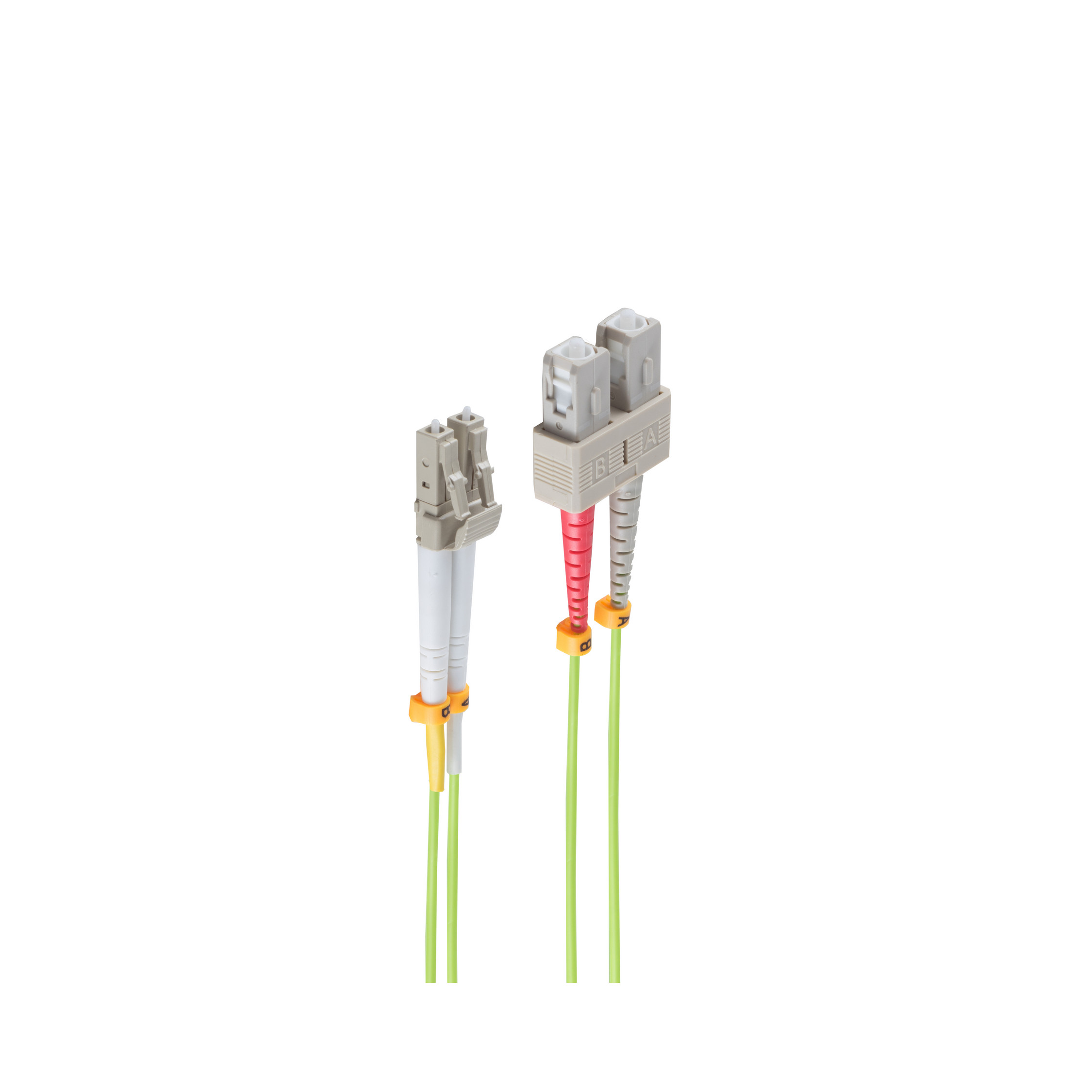 Zwei Glasfaserkabel mit Steckern, grüne Kabel, orangefarbene und graue Stecker.