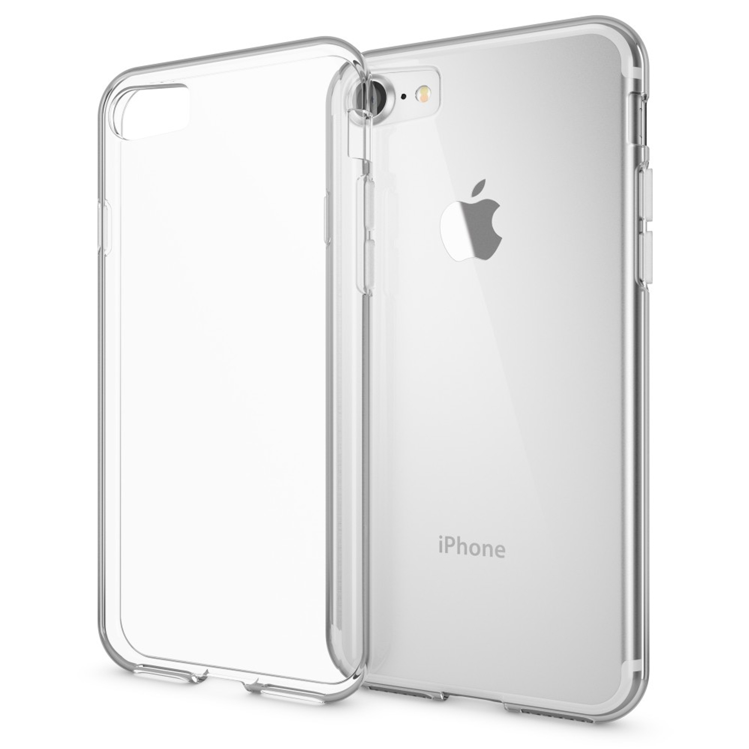 Funda transparente para iPhone. El teléfono tiene una parte trasera blanca con el logo de Apple.