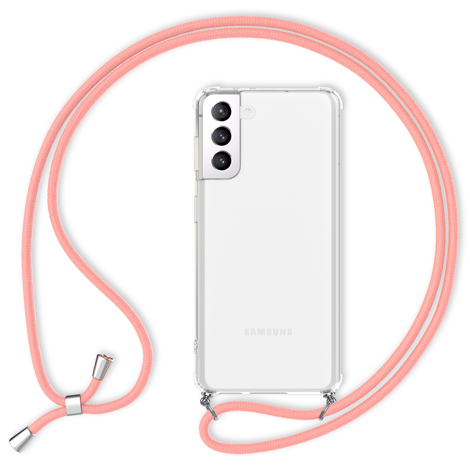 Ein Telefon mit pinkfarbenem Umhängeband. Das Telefon zeigt das Samsung-Logo. Weißer Hintergrund.