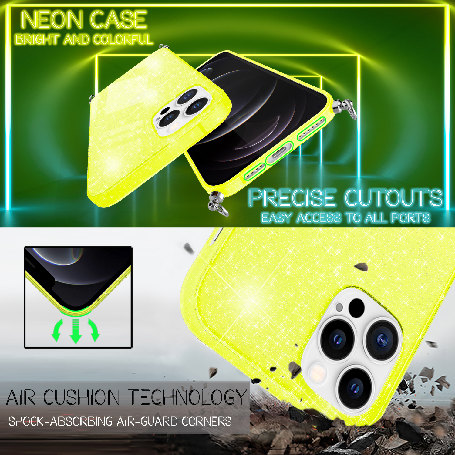 Zwei neongelbe Handyhüllen mit einem Telefon darin. Text lautet 'Neon-Hülle, hell und farbenfroh'.