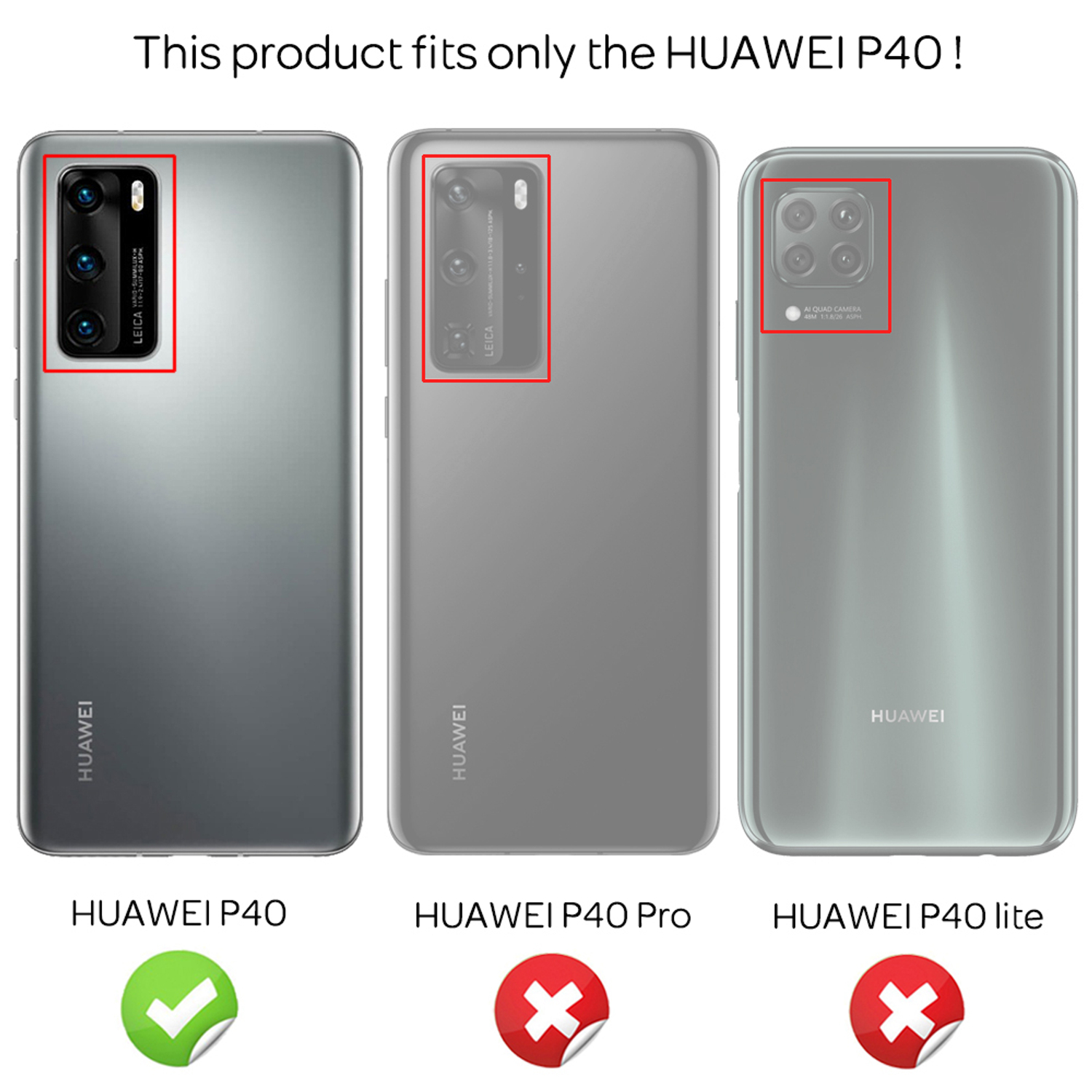 Drei Telefone mit Rückkameras. Nur das Huawei P40 ist kompatibel. Der Hintergrund ist weiß.