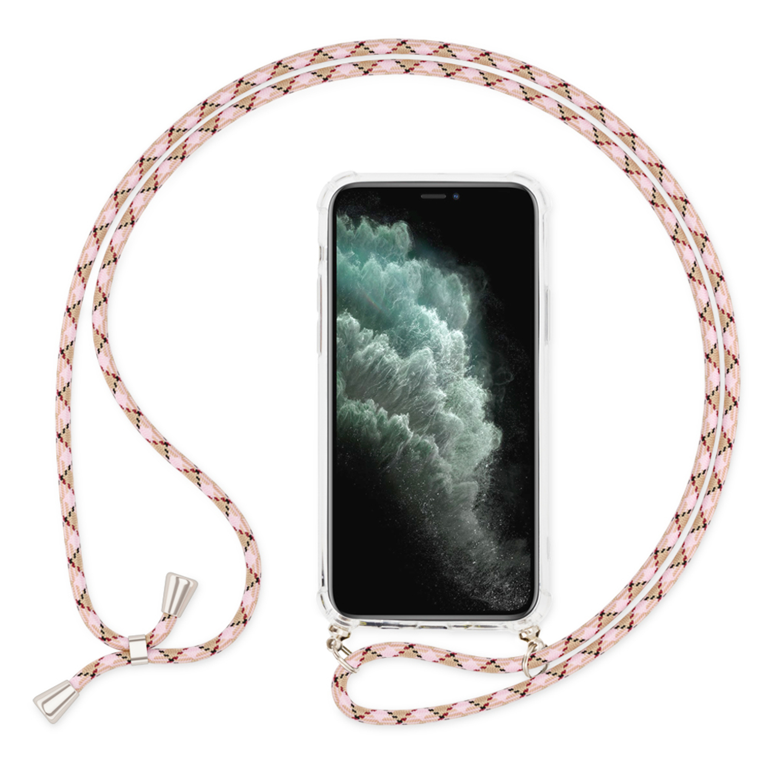 Eine transparente Handyhülle mit rosa und weißem Band, die ein Telefon mit einem wolkigen Hintergrundbild hält.