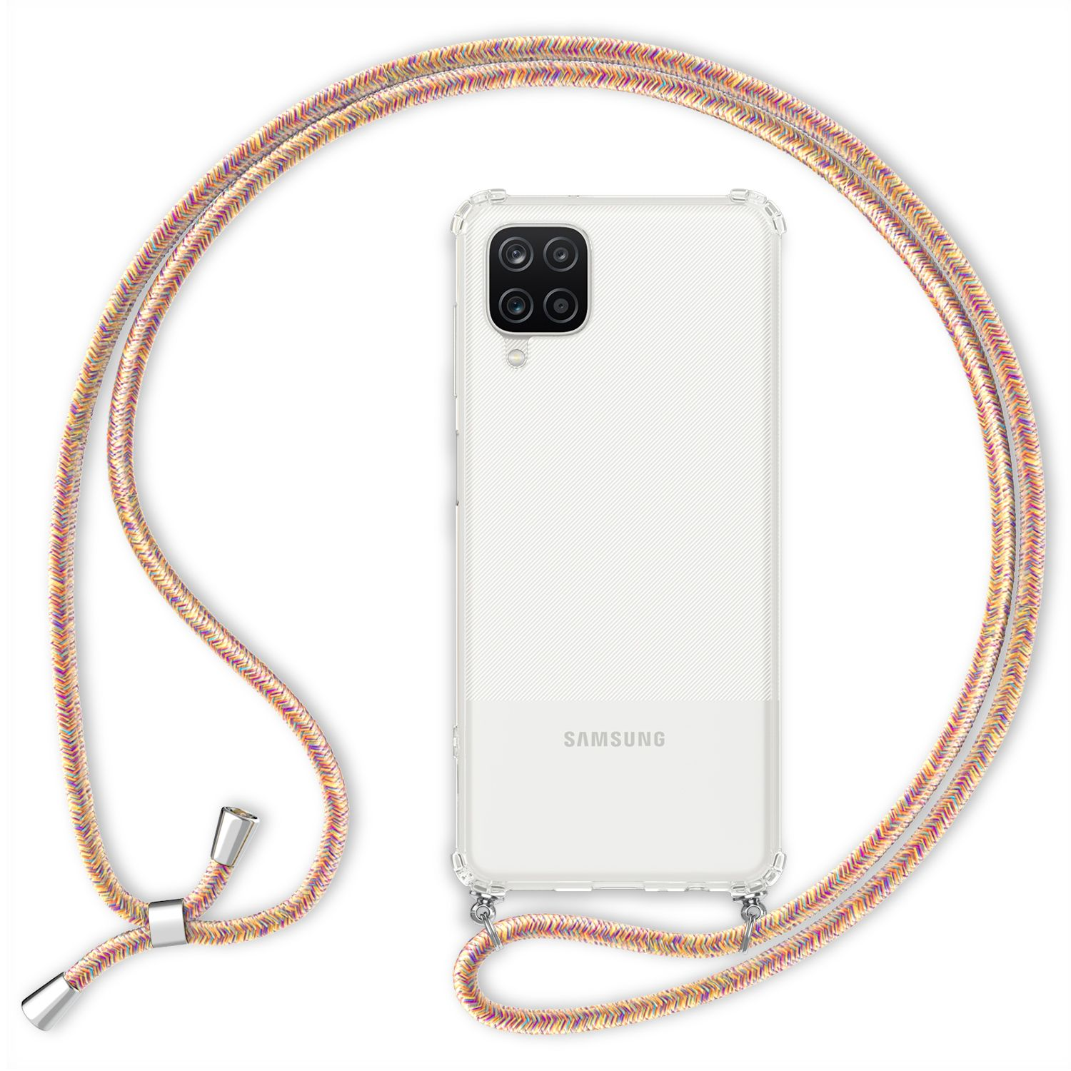 Transparente Handyhülle mit Band, über einem weißen Handy, mit mehrfarbigem Band.